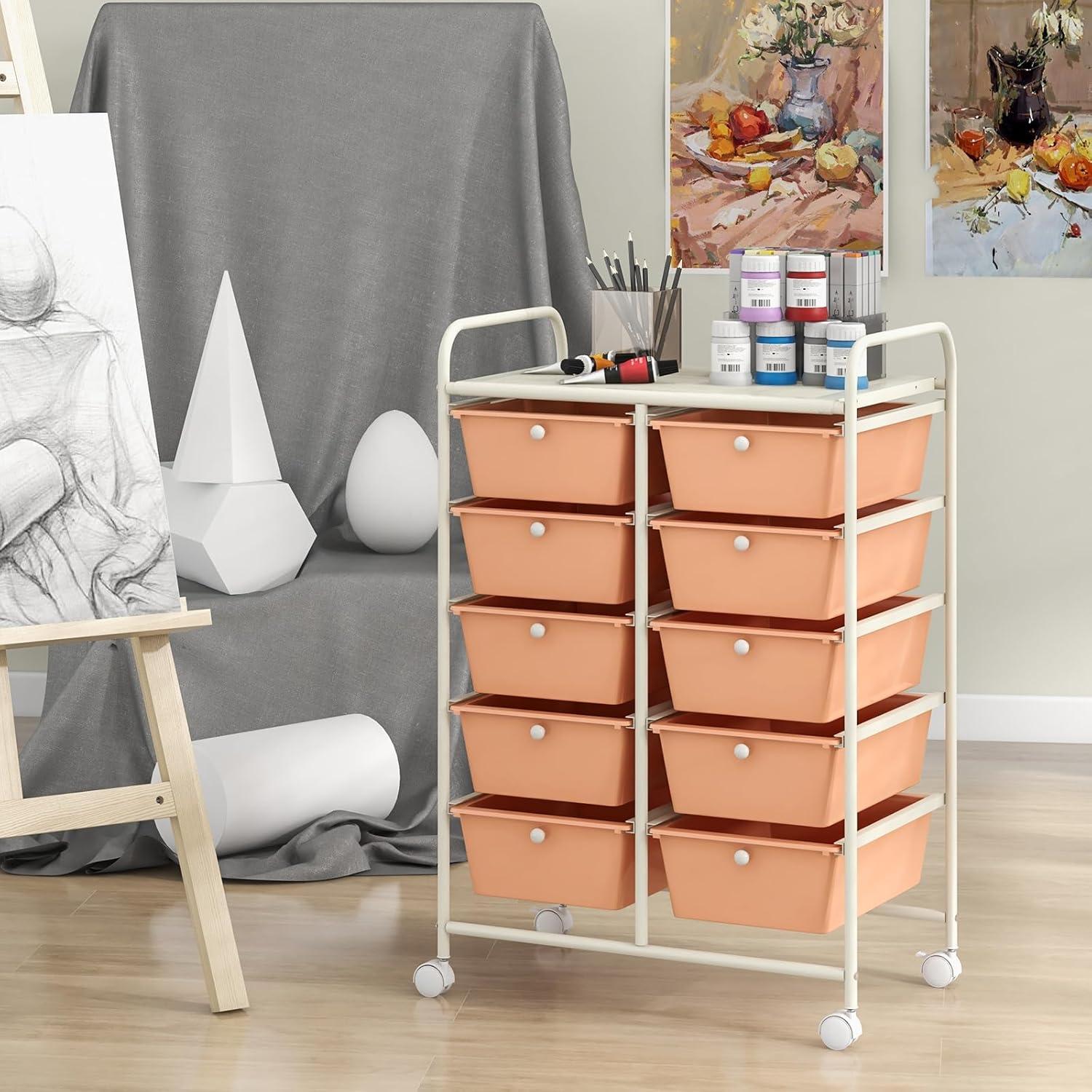image:imageGiantex 15 Drawer Rolling Storage Cart Tools Scrapbook Paper Office School Organizer ClearPeach Fuzz