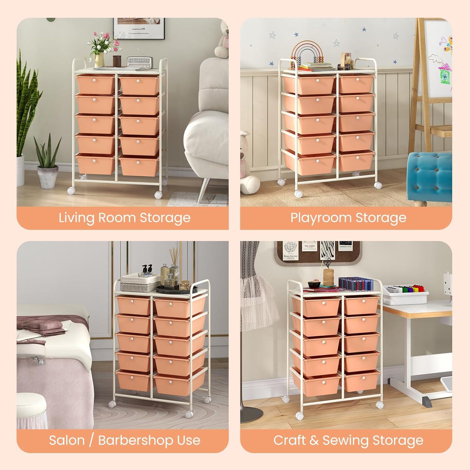 image:imageGiantex 15 Drawer Rolling Storage Cart Tools Scrapbook Paper Office School Organizer ClearPeach Fuzz