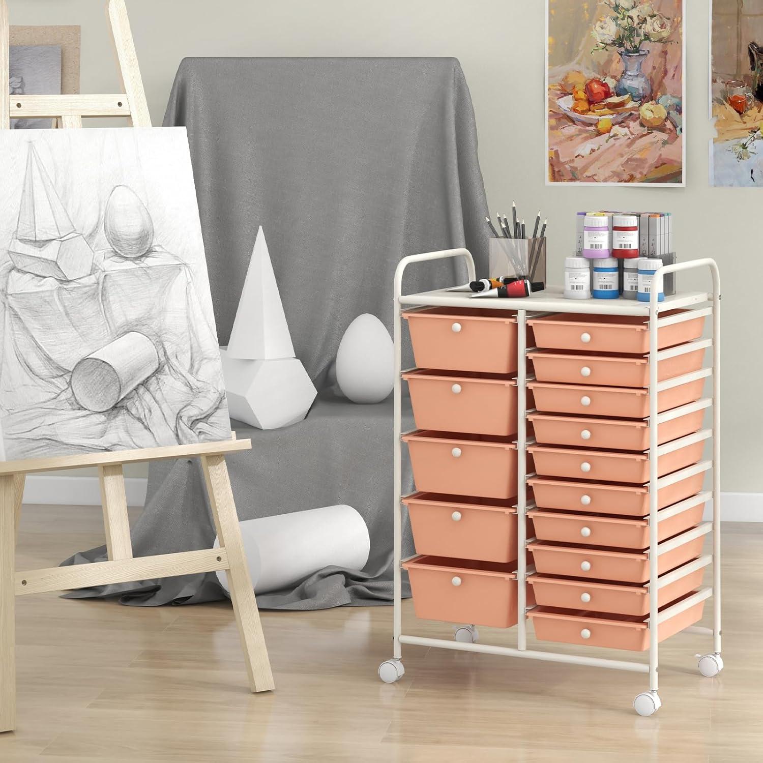 image:imageGiantex 15 Drawer Rolling Storage Cart Tools Scrapbook Paper Office School Organizer ClearPeach Fuzz