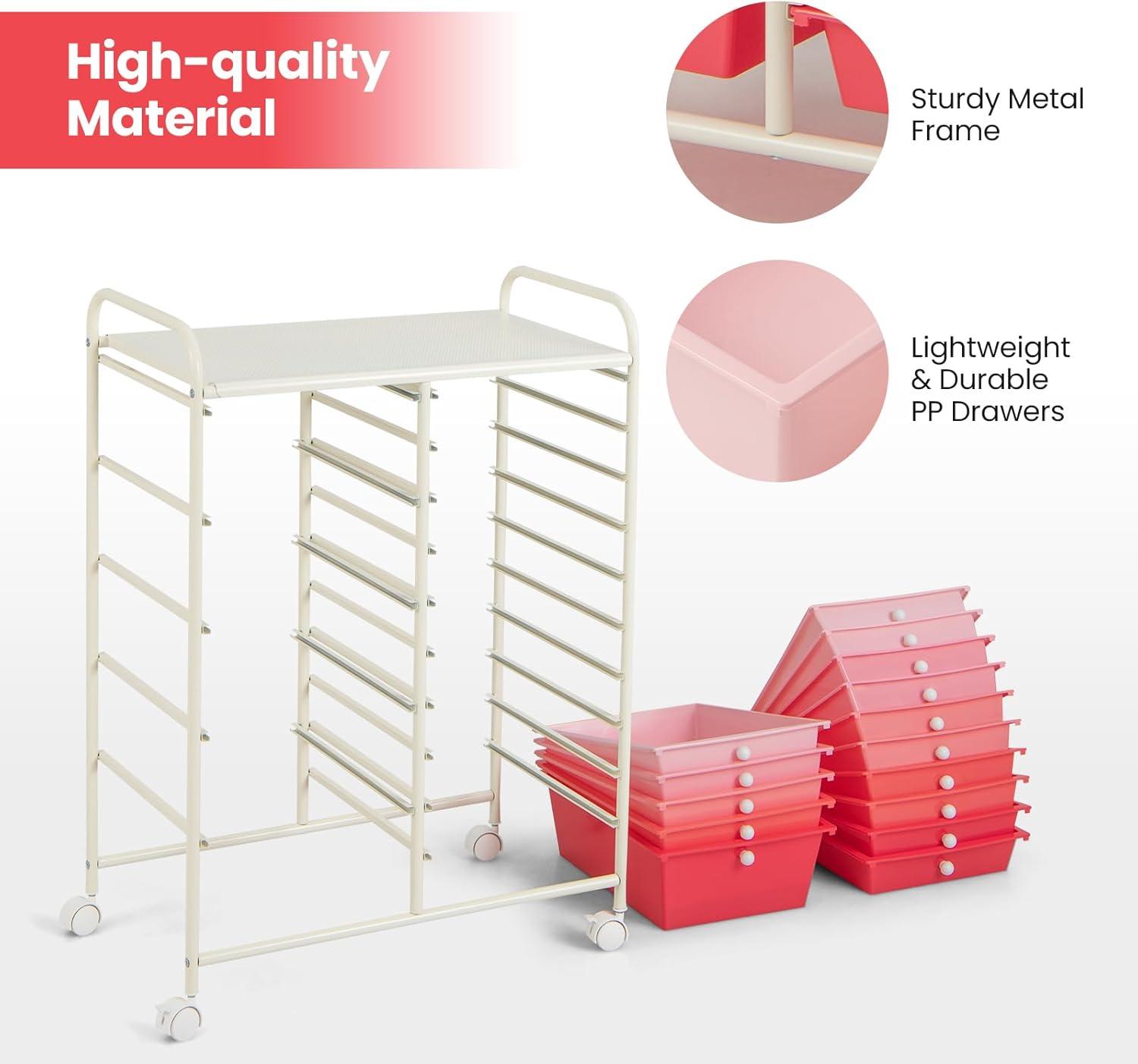 image:imageGiantex 15 Drawer Rolling Storage Cart Tools Scrapbook Paper Office School Organizer ClearPink Red