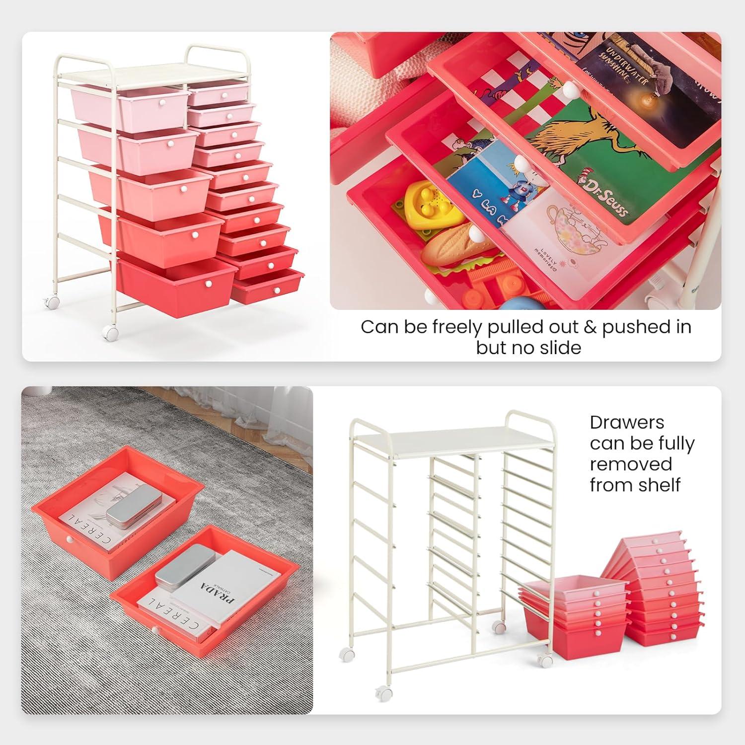 image:imageGiantex 15 Drawer Rolling Storage Cart Tools Scrapbook Paper Office School Organizer ClearPink Red