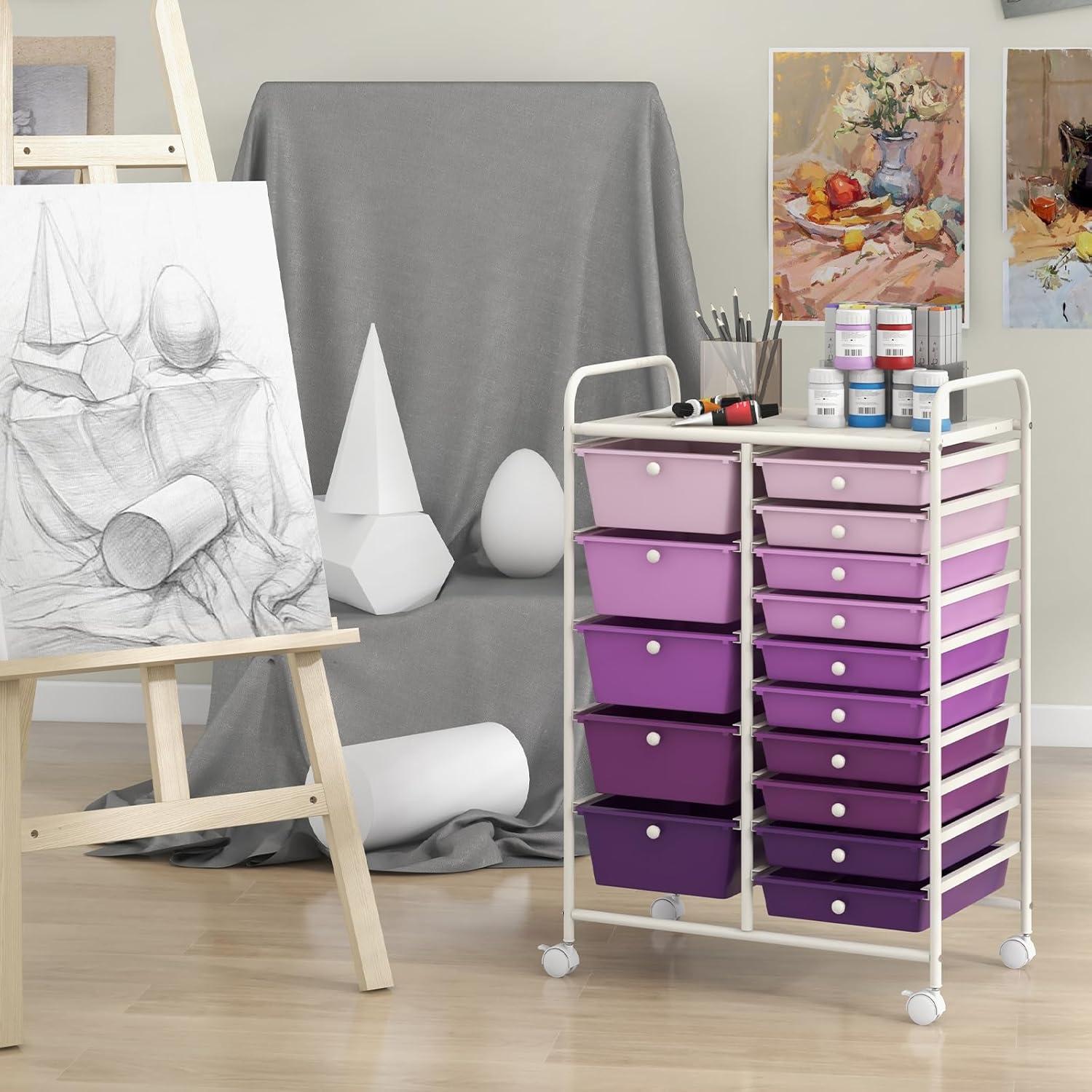 image:imageGiantex 15 Drawer Rolling Storage Cart Tools Scrapbook Paper Office School Organizer ClearPurple Gradient
