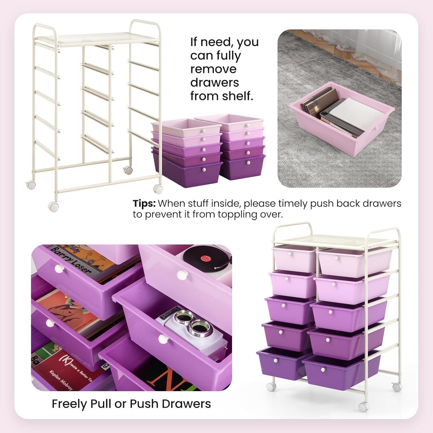 image:imageGiantex 15 Drawer Rolling Storage Cart Tools Scrapbook Paper Office School Organizer ClearPurple Gradient
