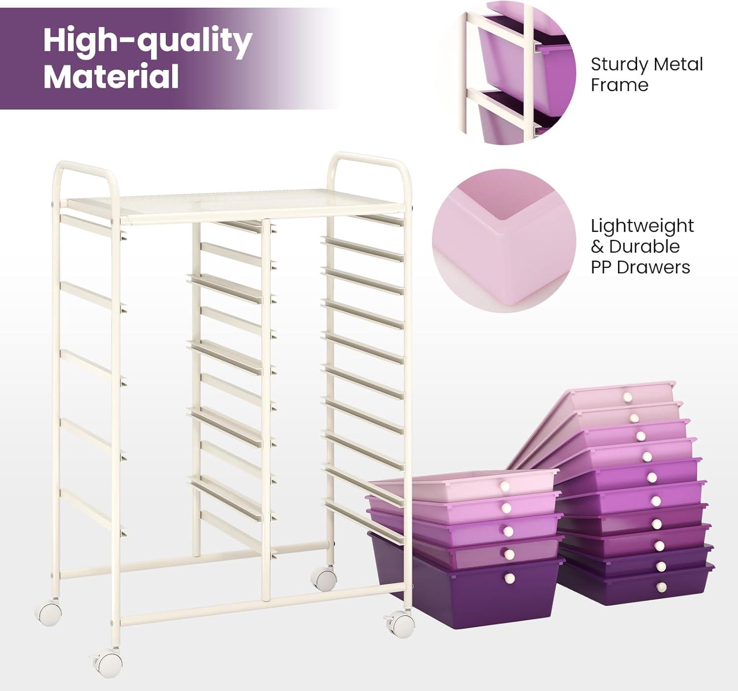 image:imageGiantex 15 Drawer Rolling Storage Cart Tools Scrapbook Paper Office School Organizer ClearPurple Gradient
