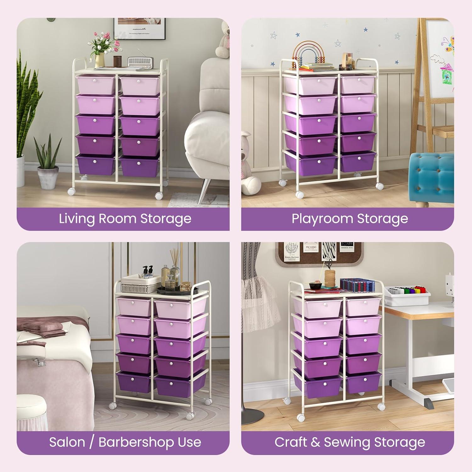 image:imageGiantex 15 Drawer Rolling Storage Cart Tools Scrapbook Paper Office School Organizer ClearPurple Gradient
