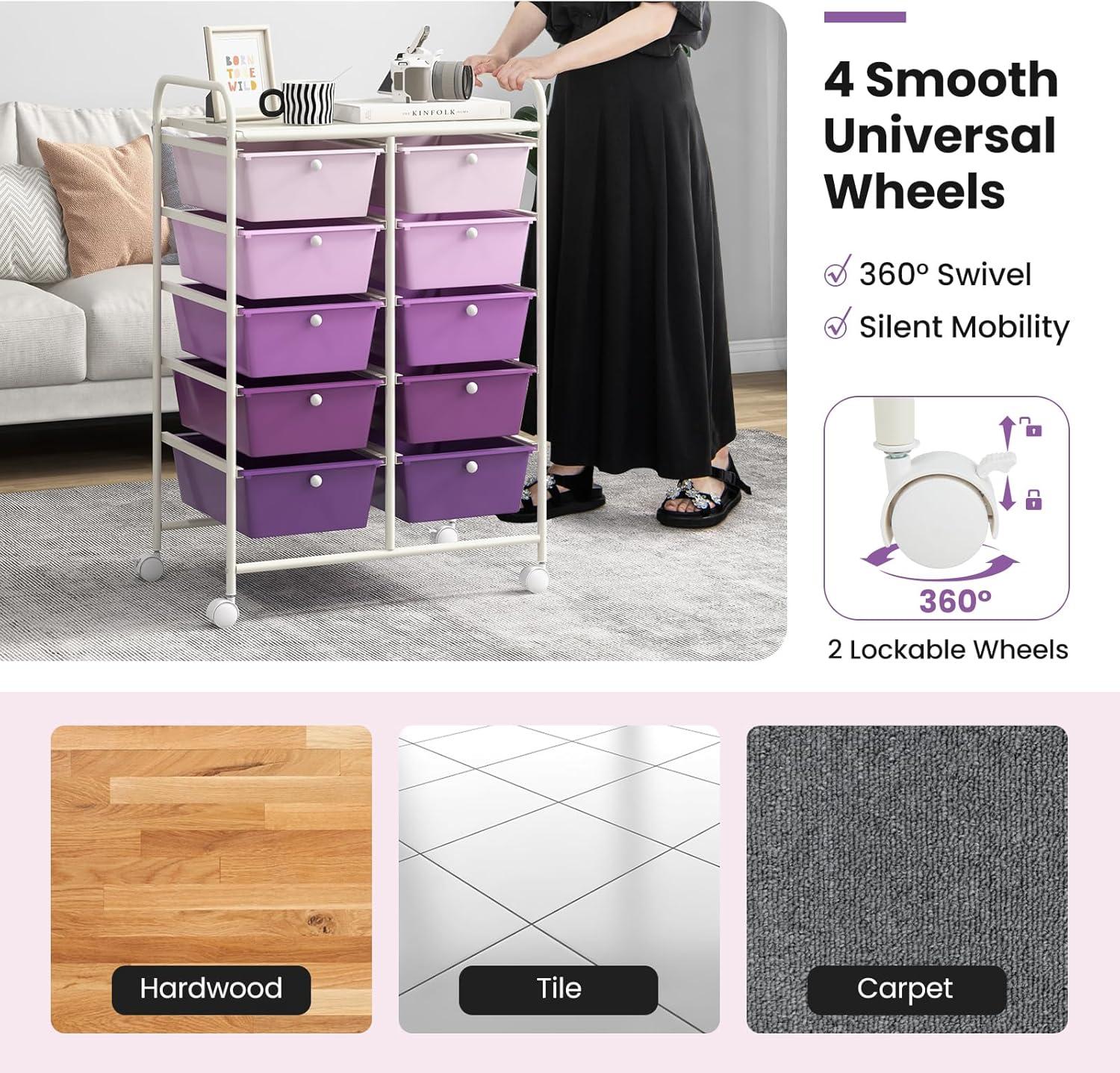 image:imageGiantex 15 Drawer Rolling Storage Cart Tools Scrapbook Paper Office School Organizer ClearPurple Gradient