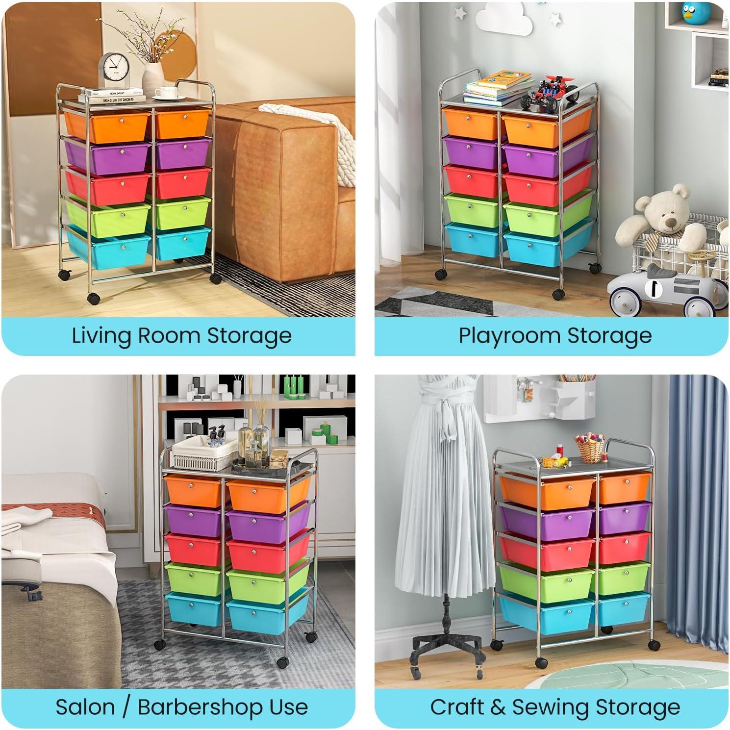 image:imageGiantex 15 Drawer Rolling Storage Cart Tools Scrapbook Paper Office School Organizer ClearRainbow