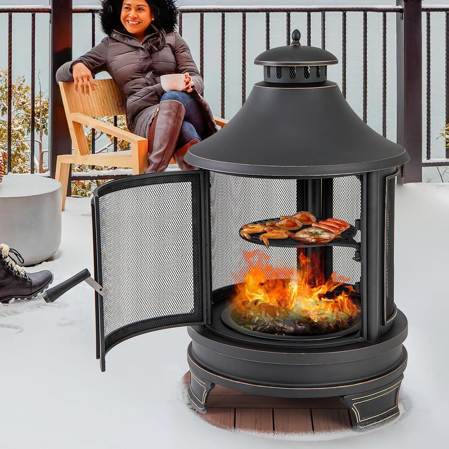 image:imageGiantex 2 in 1 Outdoor Fire Pit with Grill 30 Inch Metal Chiminea Wood Burning Fireplace with Chimney Spark Screen Door amp Fire Poker Patio Firepit for Garden Backyard BBQ