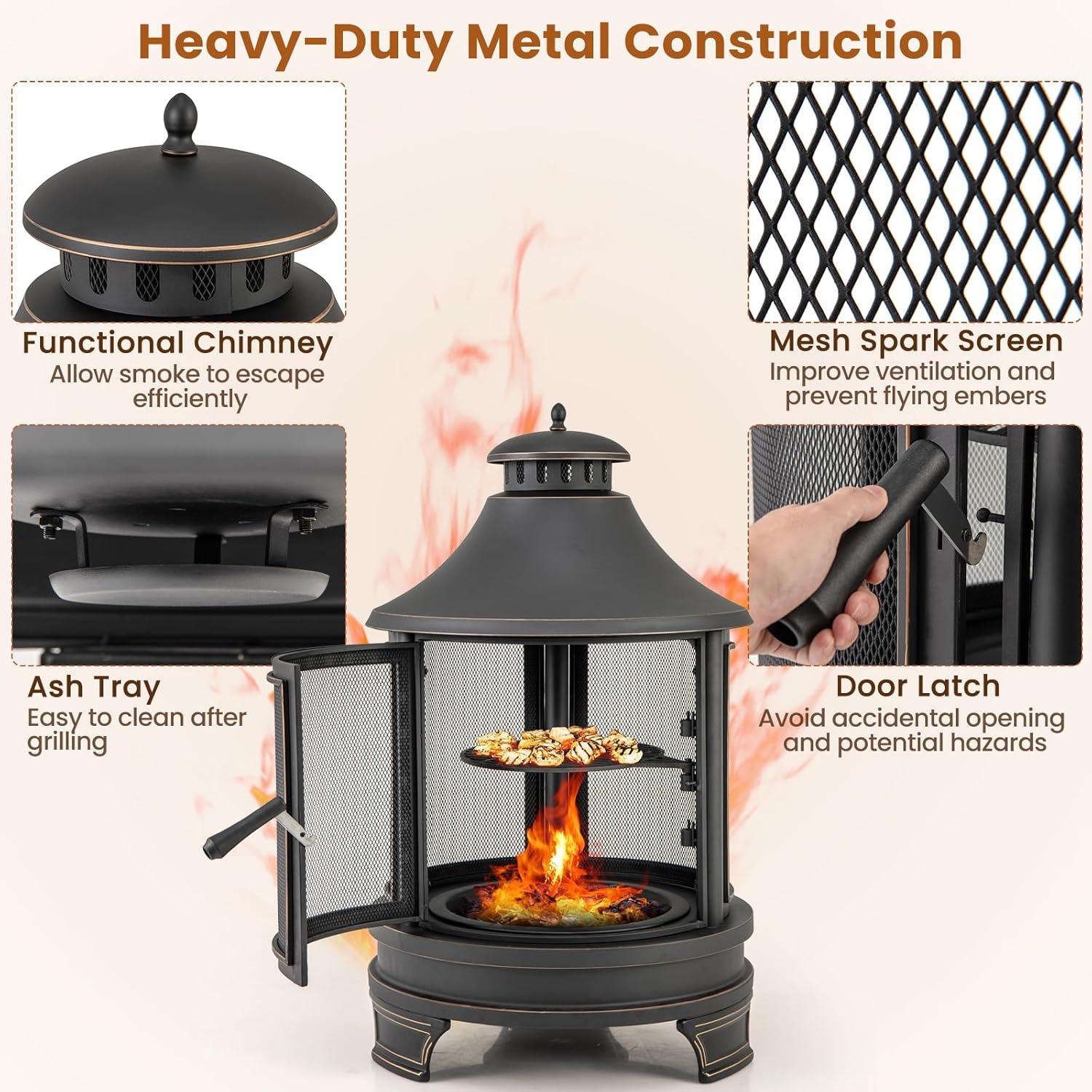 image:imageGiantex 2 in 1 Outdoor Fire Pit with Grill 30 Inch Metal Chiminea Wood Burning Fireplace with Chimney Spark Screen Door amp Fire Poker Patio Firepit for Garden Backyard BBQ