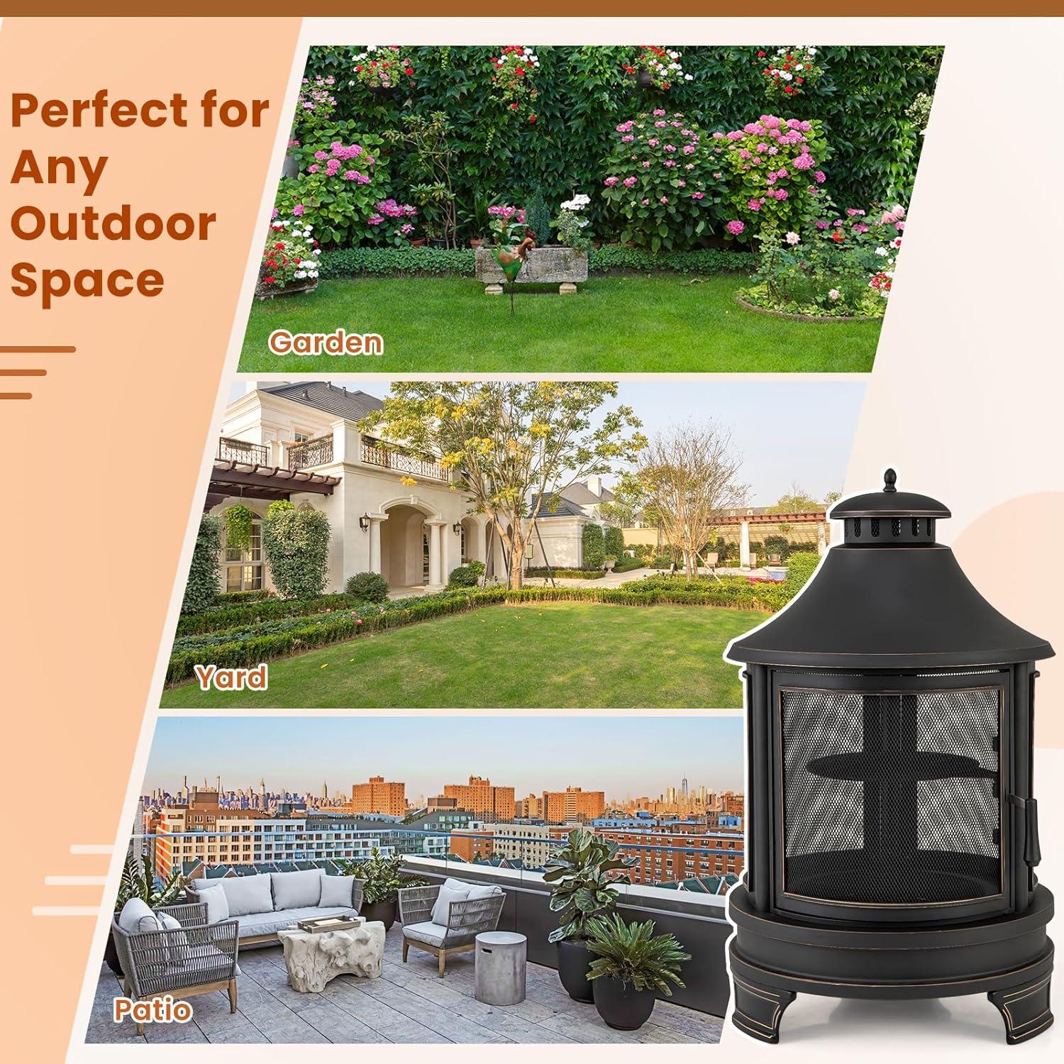 image:imageGiantex 2 in 1 Outdoor Fire Pit with Grill 30 Inch Metal Chiminea Wood Burning Fireplace with Chimney Spark Screen Door amp Fire Poker Patio Firepit for Garden Backyard BBQ