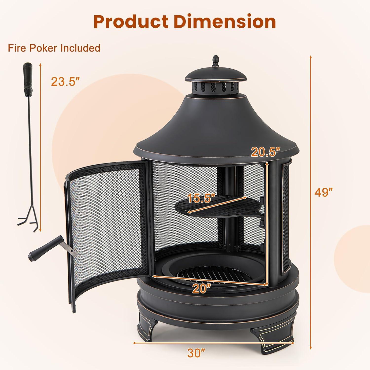 image:imageGiantex 2 in 1 Outdoor Fire Pit with Grill 30 Inch Metal Chiminea Wood Burning Fireplace with Chimney Spark Screen Door amp Fire Poker Patio Firepit for Garden Backyard BBQ