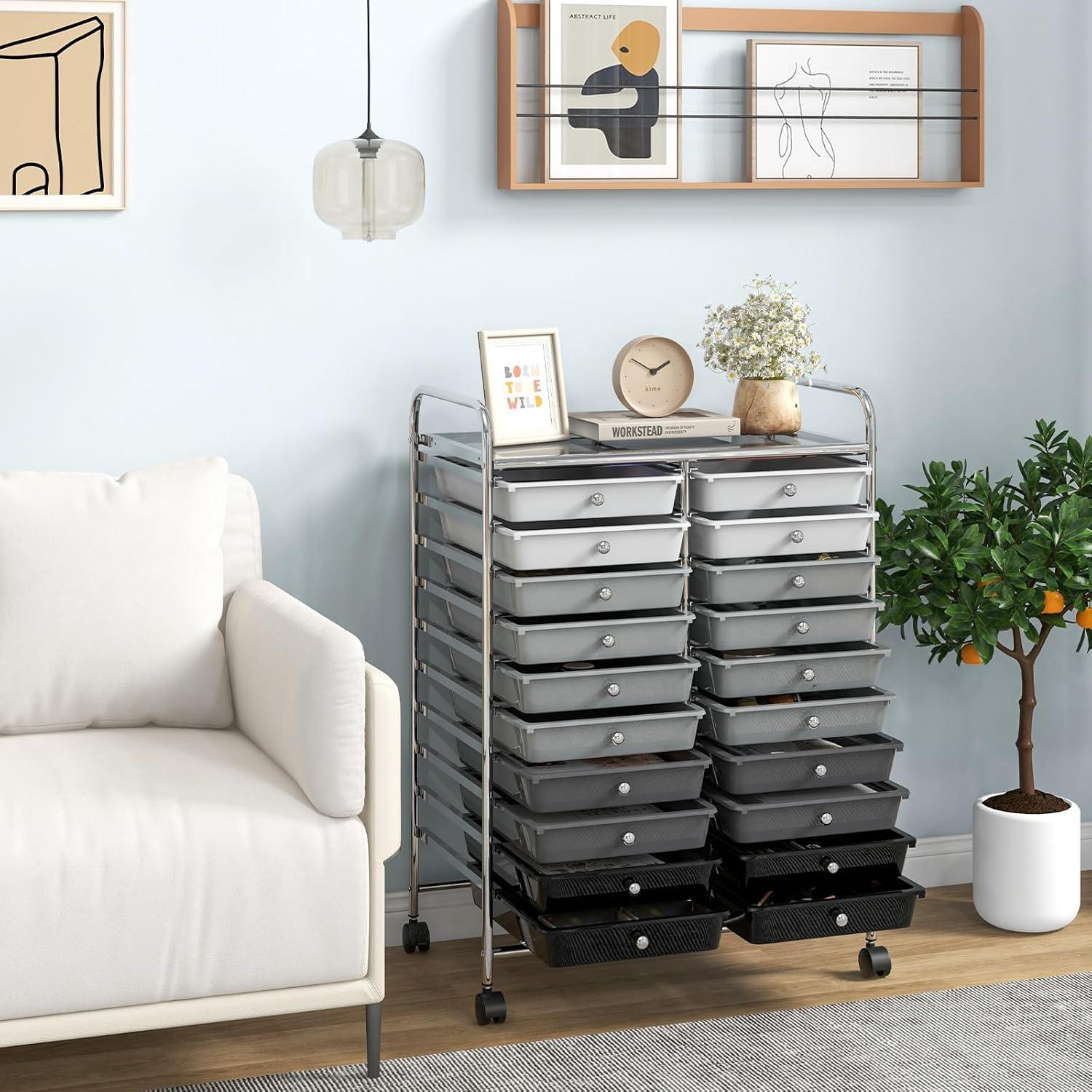 image:imageGiantex 20Drawer Storage Drawer Cart Rolling Organizer Cart for Office School Tools Scrapbook Paper Utility Rack on Wheels MulticolorBlack Gradient