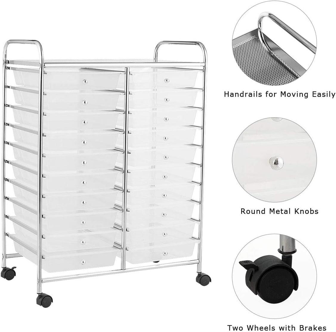 image:imageGiantex 20Drawer Storage Drawer Cart Rolling Organizer Cart for Office School Tools Scrapbook Paper Utility Rack on Wheels MulticolorClear