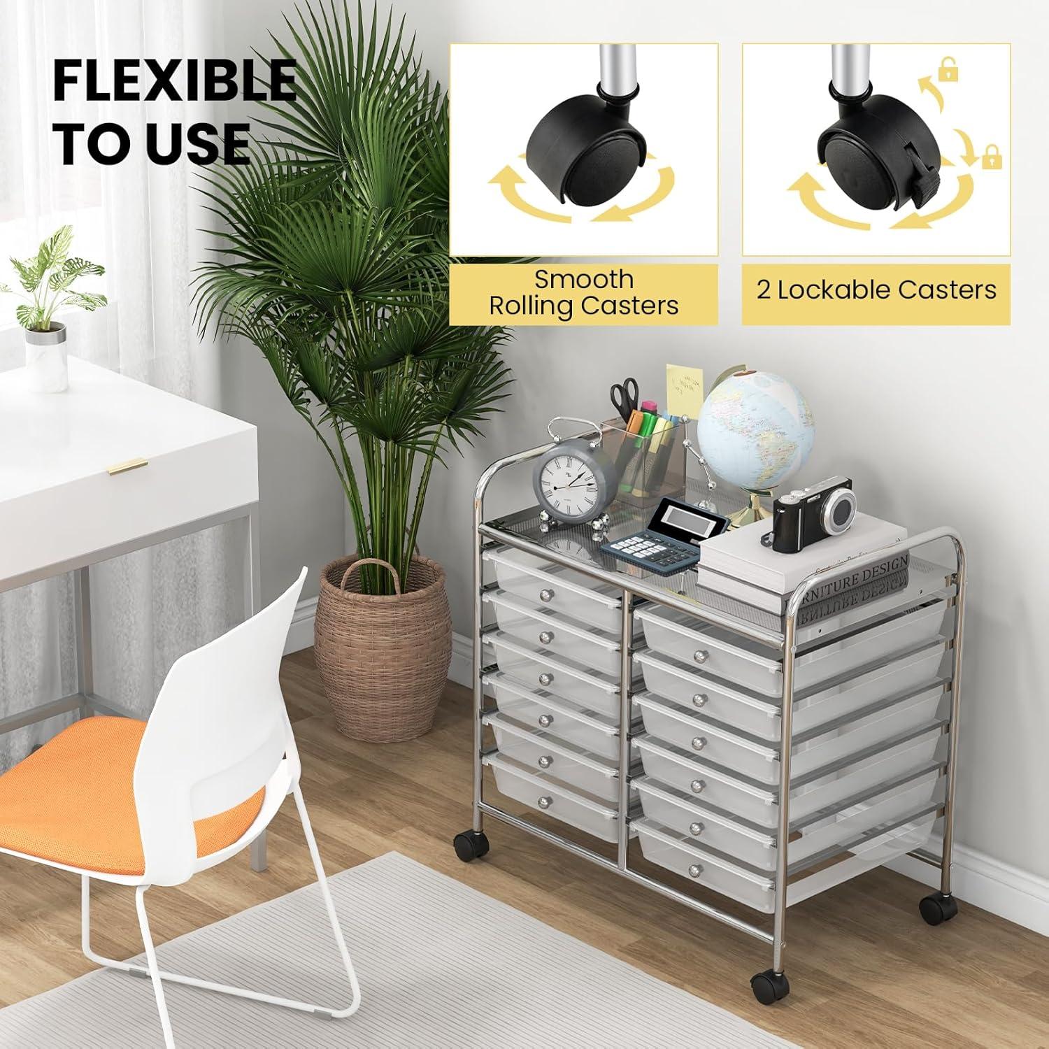 image:imageGiantex 20Drawer Storage Drawer Cart Rolling Organizer Cart for Office School Tools Scrapbook Paper Utility Rack on Wheels MulticolorClear