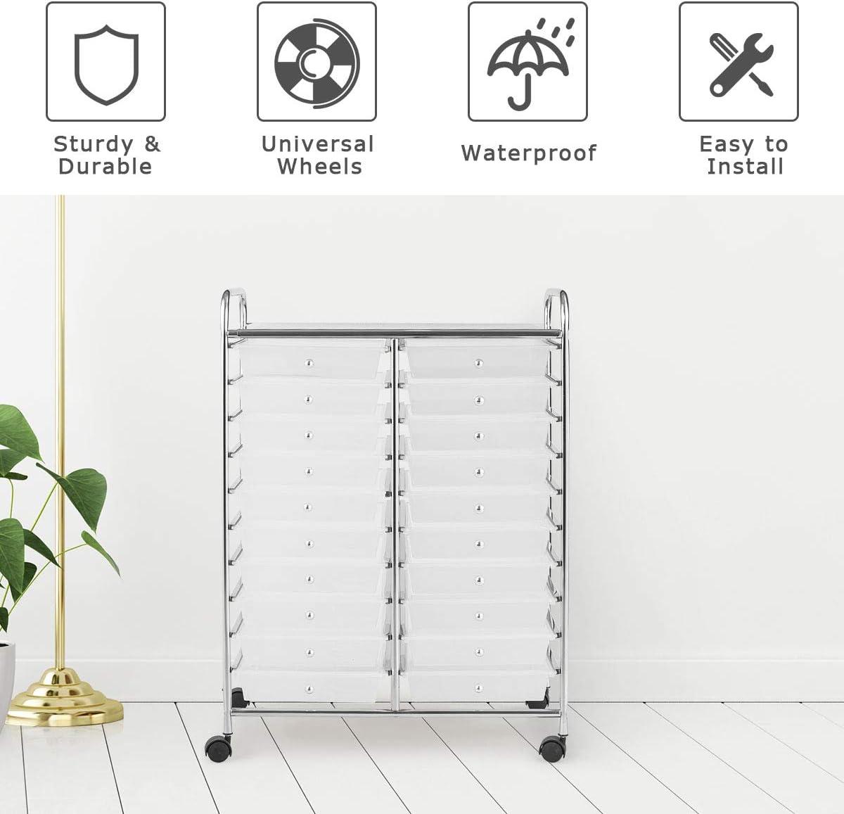 image:imageGiantex 20Drawer Storage Drawer Cart Rolling Organizer Cart for Office School Tools Scrapbook Paper Utility Rack on Wheels MulticolorClear
