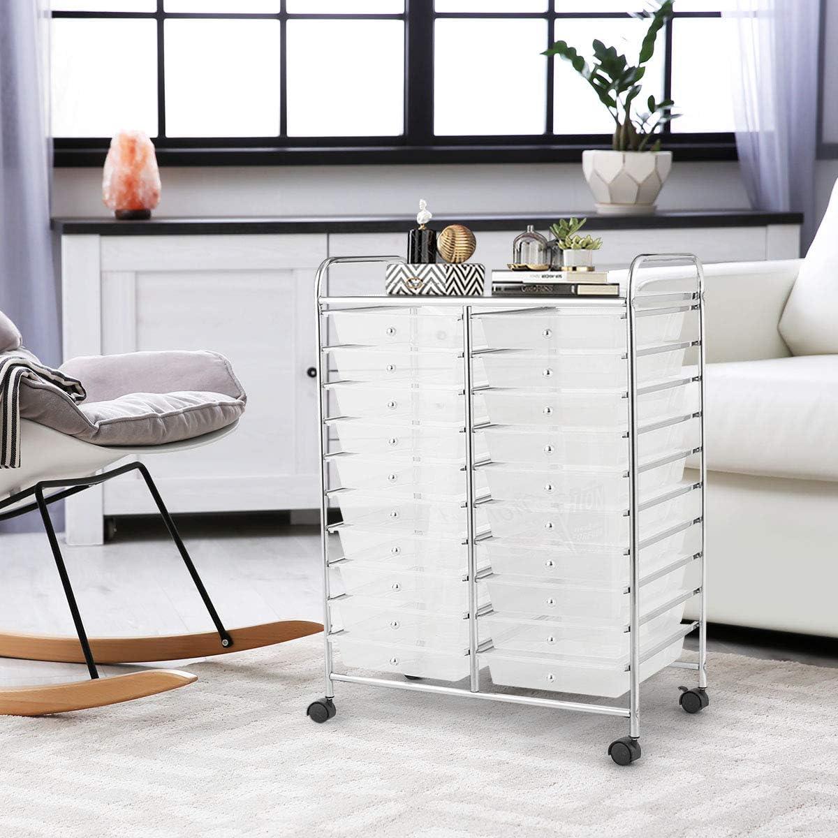 image:imageGiantex 20Drawer Storage Drawer Cart Rolling Organizer Cart for Office School Tools Scrapbook Paper Utility Rack on Wheels MulticolorClear