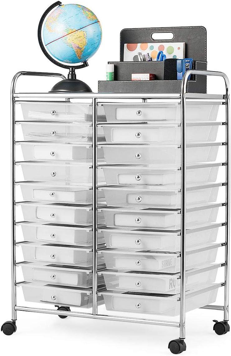 image:imageGiantex 20Drawer Storage Drawer Cart Rolling Organizer Cart for Office School Tools Scrapbook Paper Utility Rack on Wheels MulticolorClear
