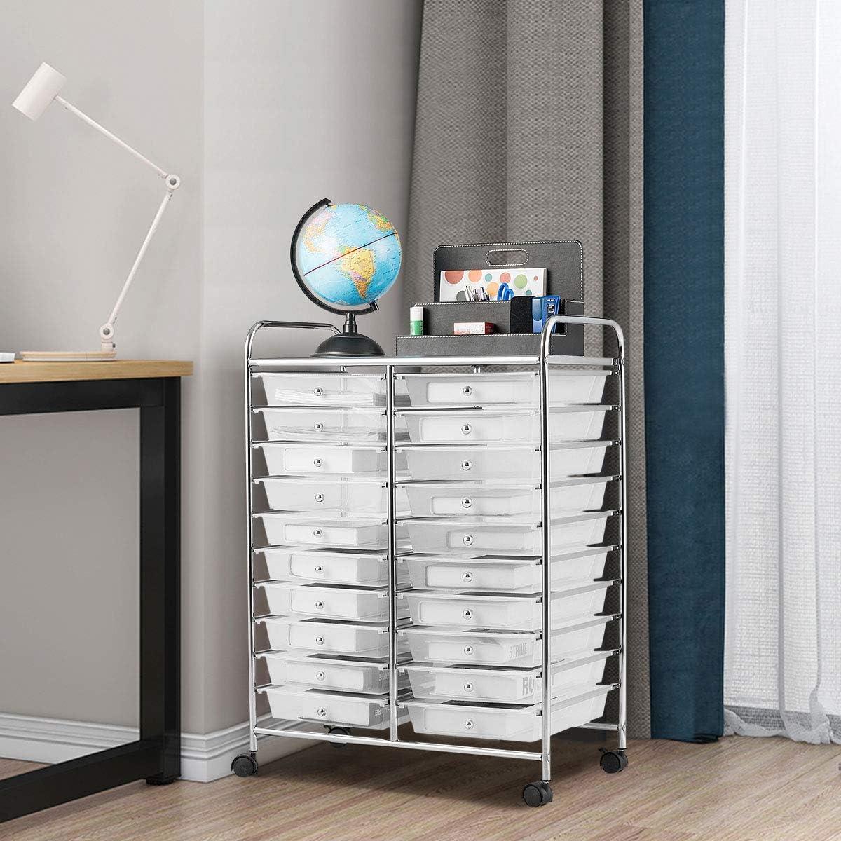 image:imageGiantex 20Drawer Storage Drawer Cart Rolling Organizer Cart for Office School Tools Scrapbook Paper Utility Rack on Wheels MulticolorClear