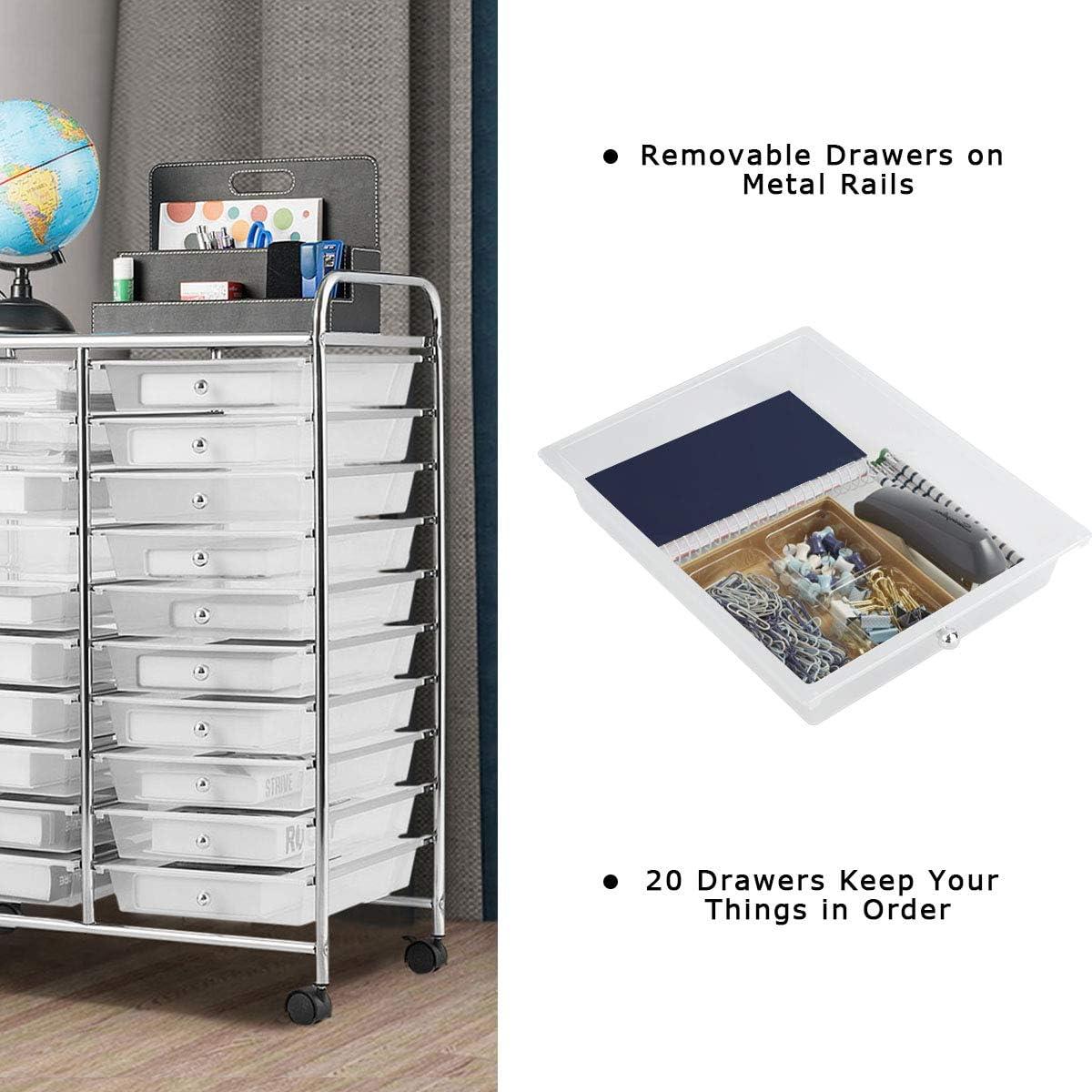 image:imageGiantex 20Drawer Storage Drawer Cart Rolling Organizer Cart for Office School Tools Scrapbook Paper Utility Rack on Wheels MulticolorClear