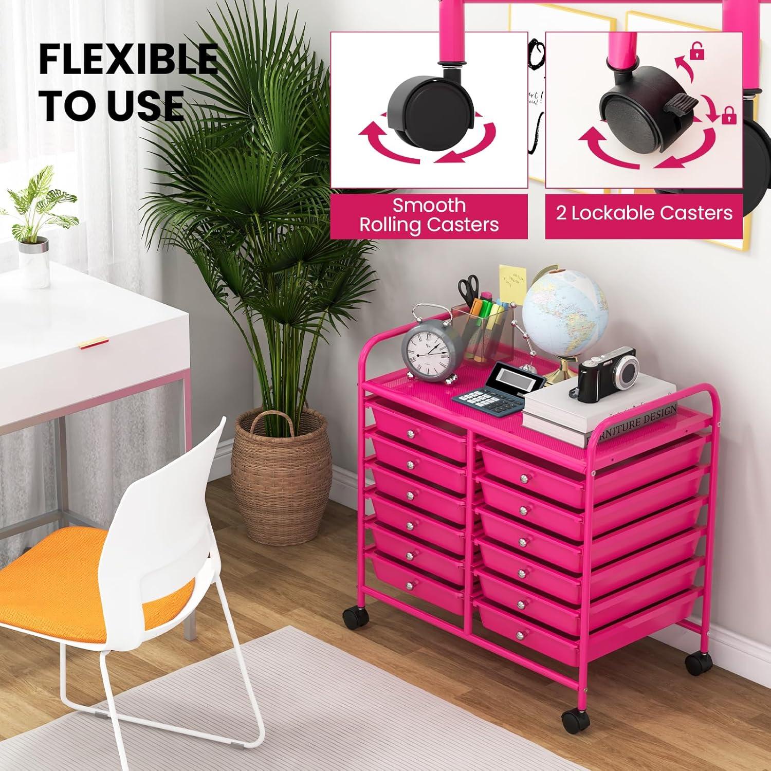 image:imageGiantex 20Drawer Storage Drawer Cart Rolling Organizer Cart for Office School Tools Scrapbook Paper Utility Rack on Wheels MulticolorHot Pink