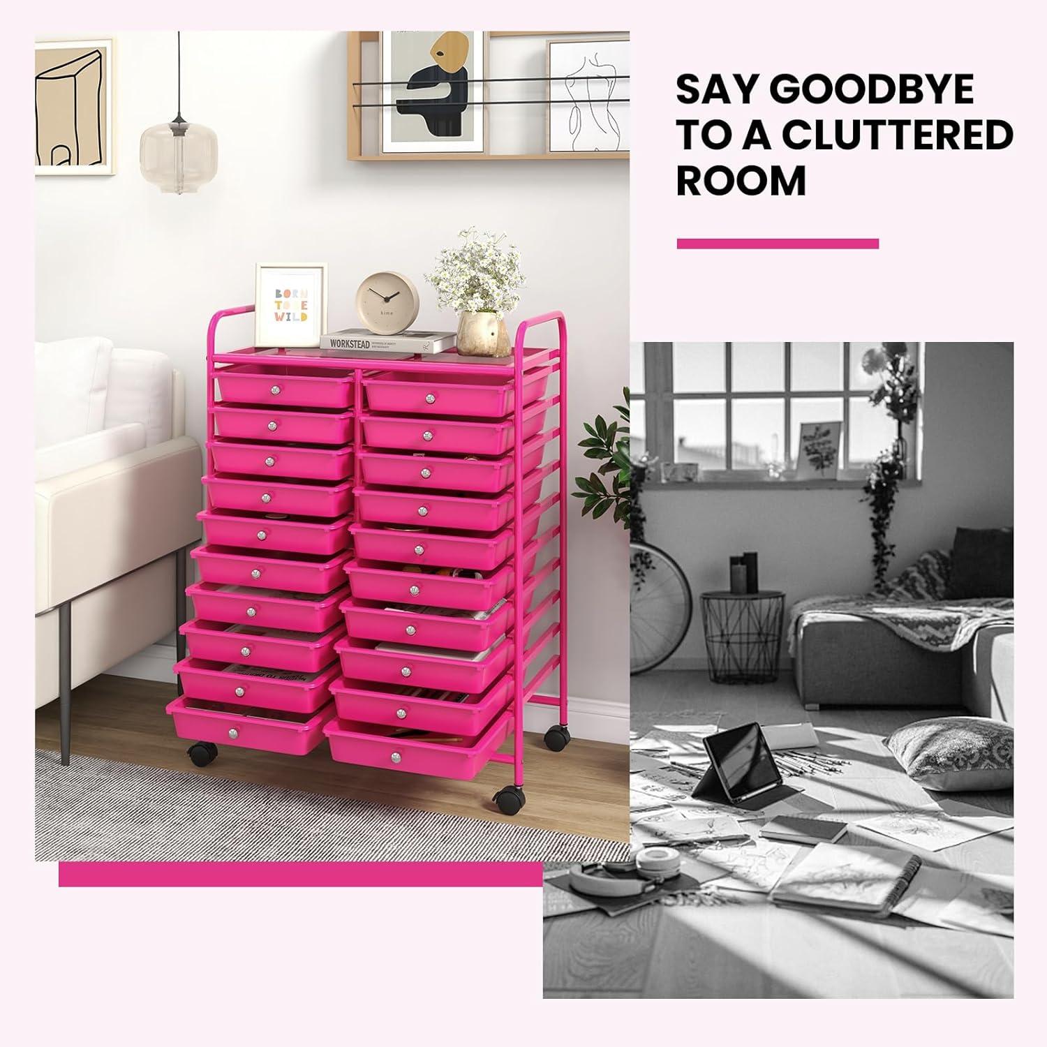 image:imageGiantex 20Drawer Storage Drawer Cart Rolling Organizer Cart for Office School Tools Scrapbook Paper Utility Rack on Wheels MulticolorHot Pink