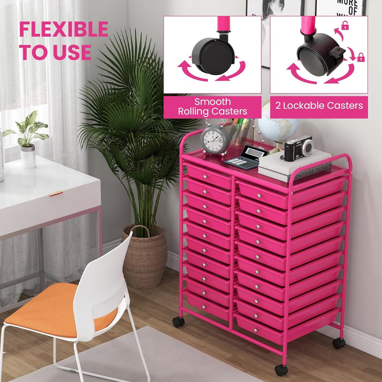 image:imageGiantex 20Drawer Storage Drawer Cart Rolling Organizer Cart for Office School Tools Scrapbook Paper Utility Rack on Wheels MulticolorHot Pink