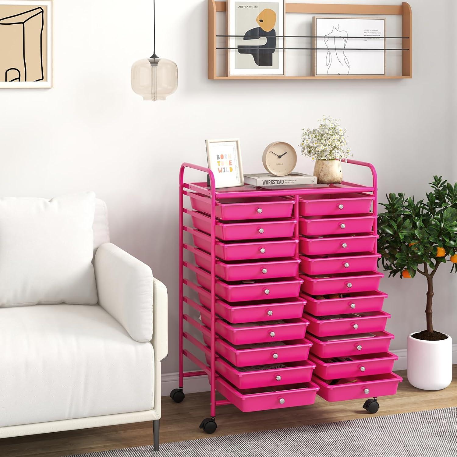 image:imageGiantex 20Drawer Storage Drawer Cart Rolling Organizer Cart for Office School Tools Scrapbook Paper Utility Rack on Wheels MulticolorHot Pink