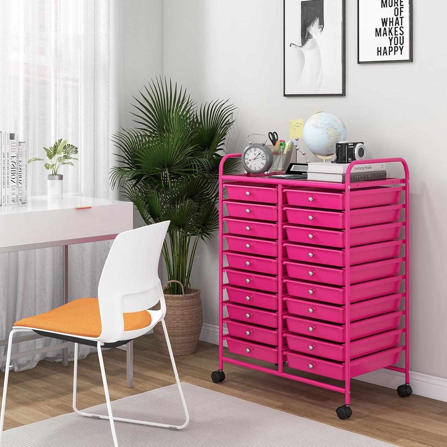 image:imageGiantex 20Drawer Storage Drawer Cart Rolling Organizer Cart for Office School Tools Scrapbook Paper Utility Rack on Wheels MulticolorHot Pink