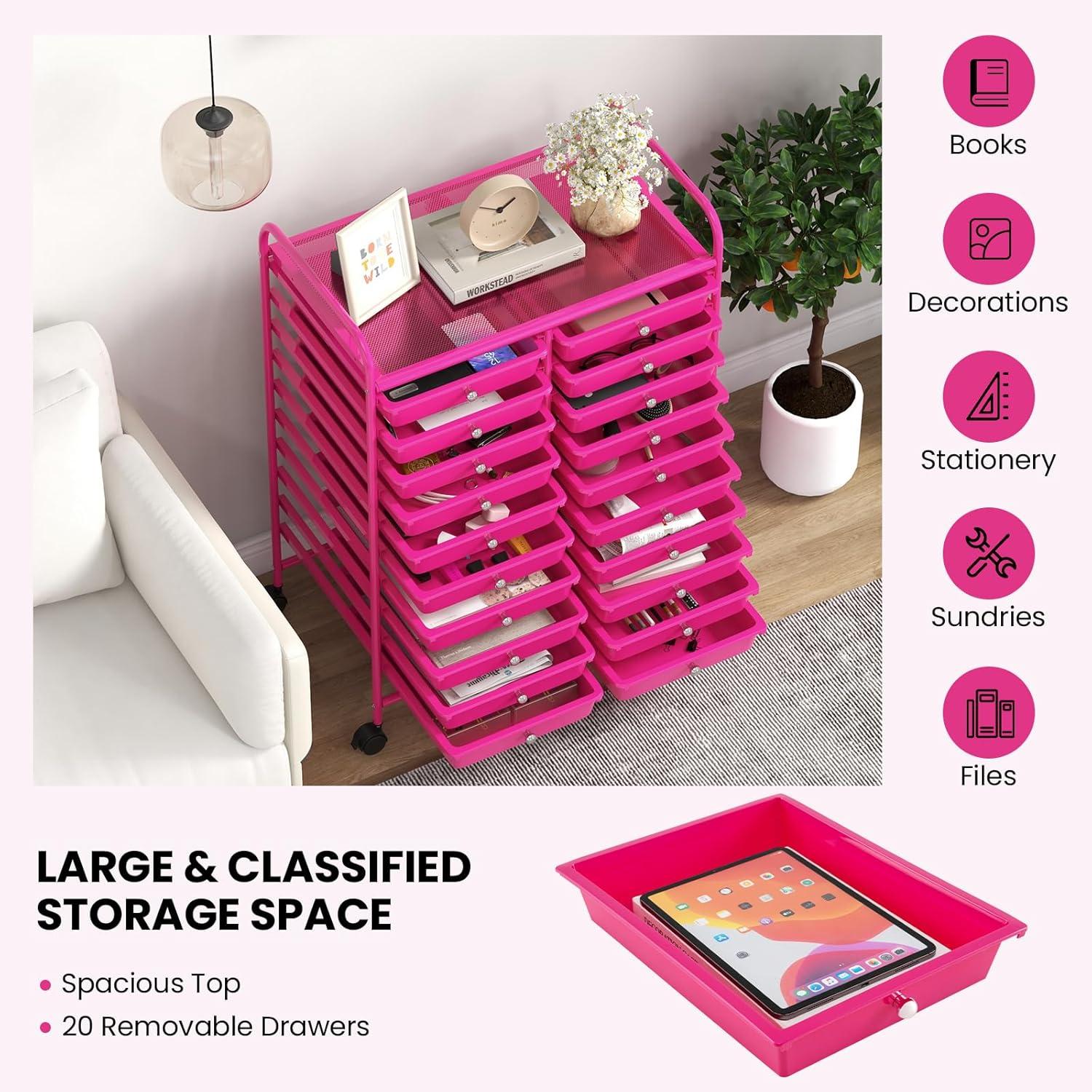 image:imageGiantex 20Drawer Storage Drawer Cart Rolling Organizer Cart for Office School Tools Scrapbook Paper Utility Rack on Wheels MulticolorHot Pink