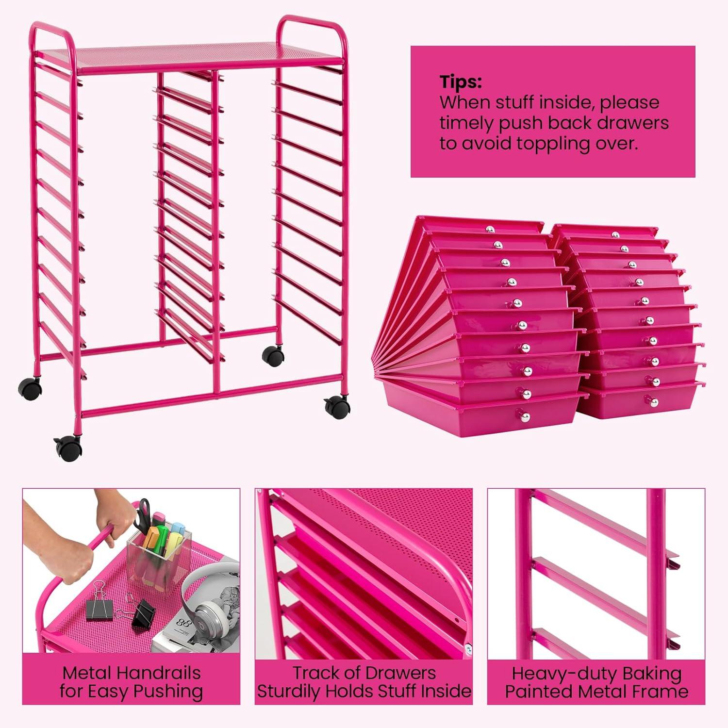 image:imageGiantex 20Drawer Storage Drawer Cart Rolling Organizer Cart for Office School Tools Scrapbook Paper Utility Rack on Wheels MulticolorHot Pink