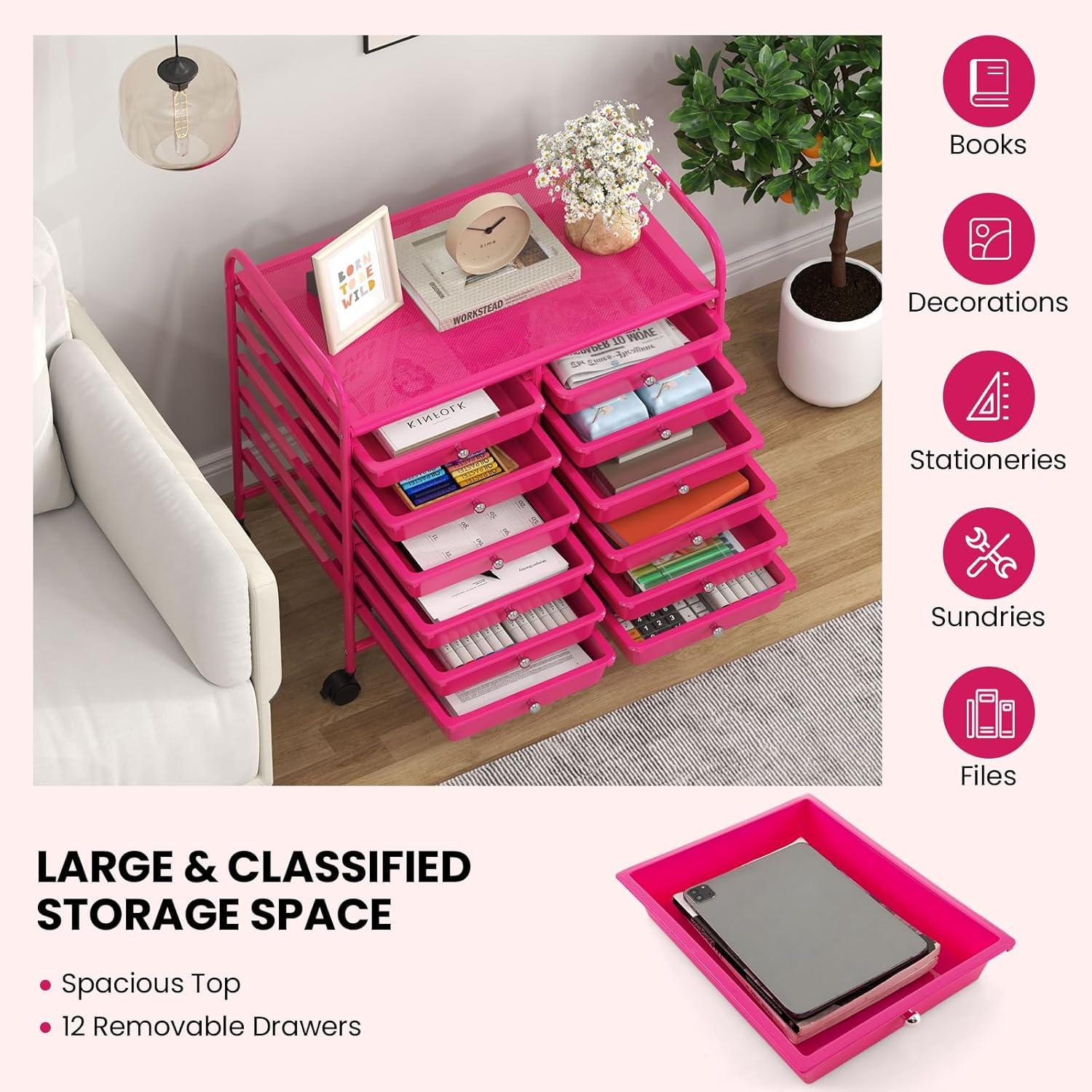 image:imageGiantex 20Drawer Storage Drawer Cart Rolling Organizer Cart for Office School Tools Scrapbook Paper Utility Rack on Wheels MulticolorHot Pink