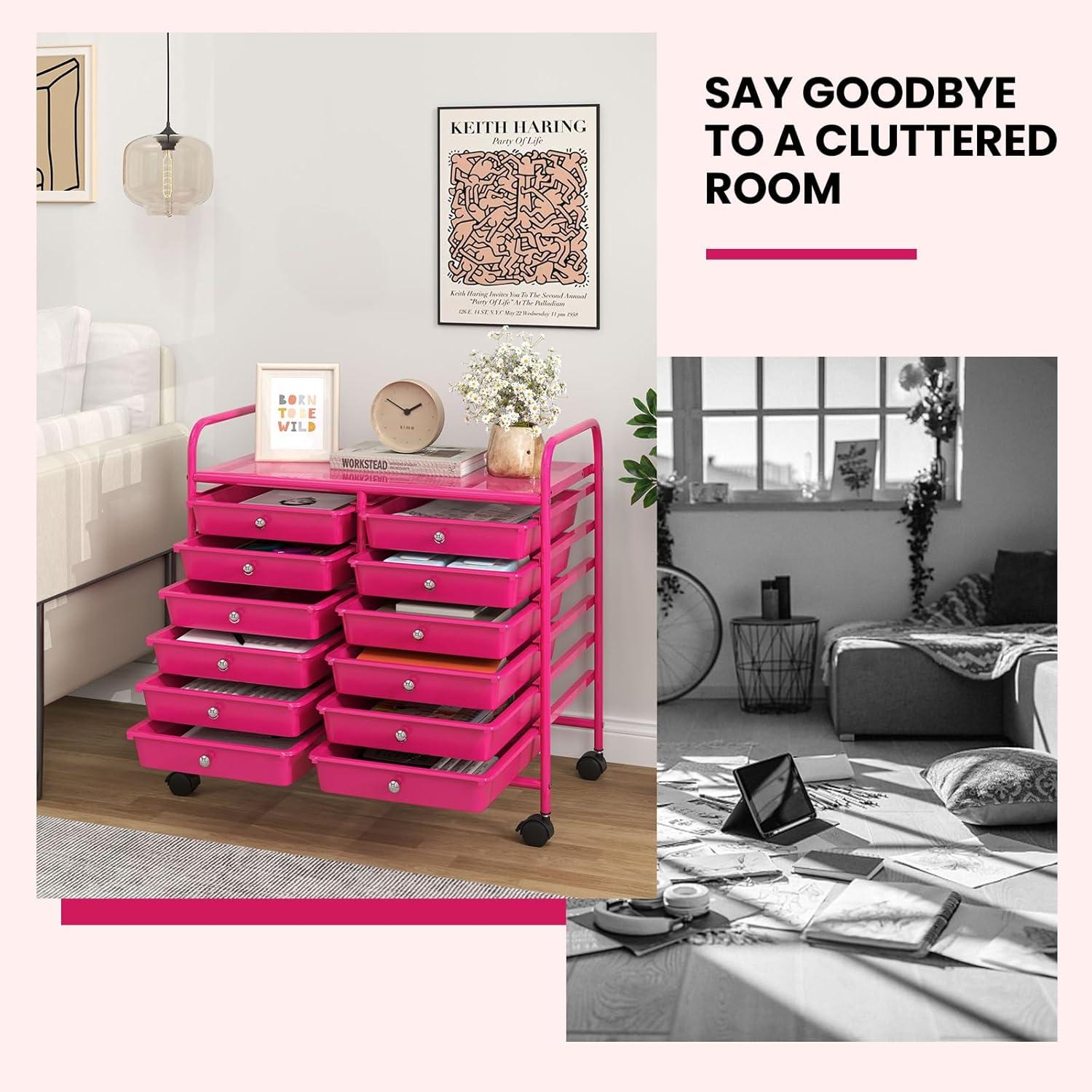 image:imageGiantex 20Drawer Storage Drawer Cart Rolling Organizer Cart for Office School Tools Scrapbook Paper Utility Rack on Wheels MulticolorHot Pink