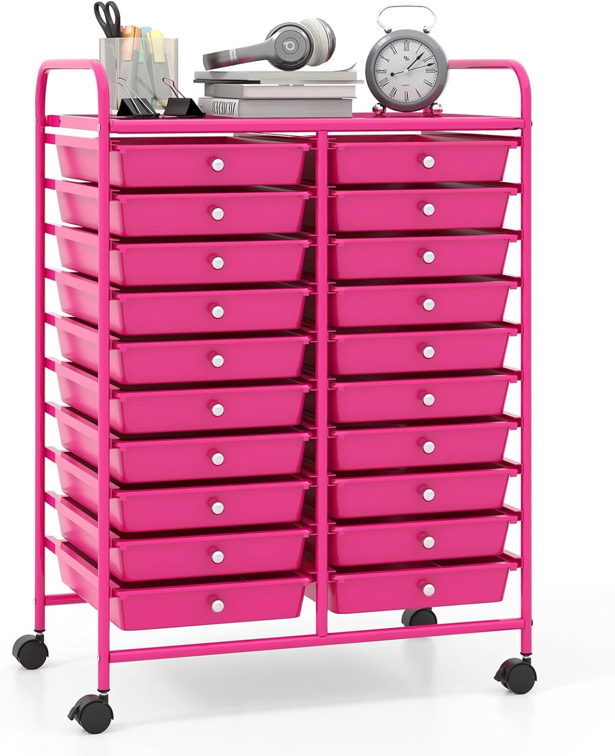 image:imageGiantex 20Drawer Storage Drawer Cart Rolling Organizer Cart for Office School Tools Scrapbook Paper Utility Rack on Wheels MulticolorHot Pink