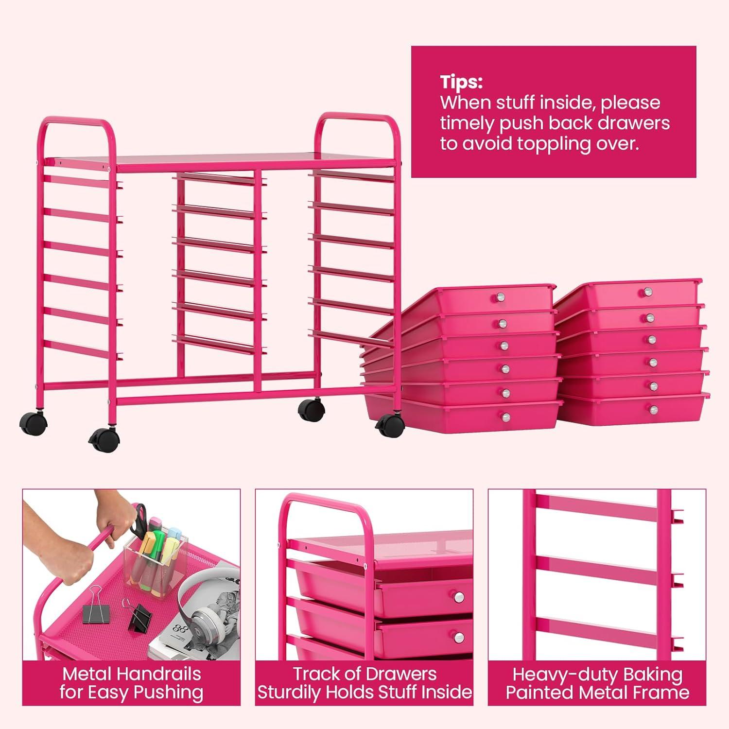 image:imageGiantex 20Drawer Storage Drawer Cart Rolling Organizer Cart for Office School Tools Scrapbook Paper Utility Rack on Wheels MulticolorHot Pink