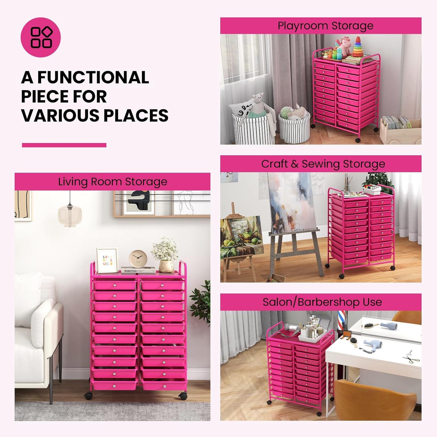 image:imageGiantex 20Drawer Storage Drawer Cart Rolling Organizer Cart for Office School Tools Scrapbook Paper Utility Rack on Wheels MulticolorHot Pink