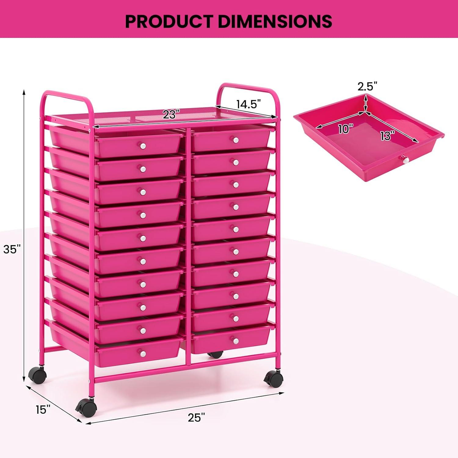 image:imageGiantex 20Drawer Storage Drawer Cart Rolling Organizer Cart for Office School Tools Scrapbook Paper Utility Rack on Wheels MulticolorHot Pink