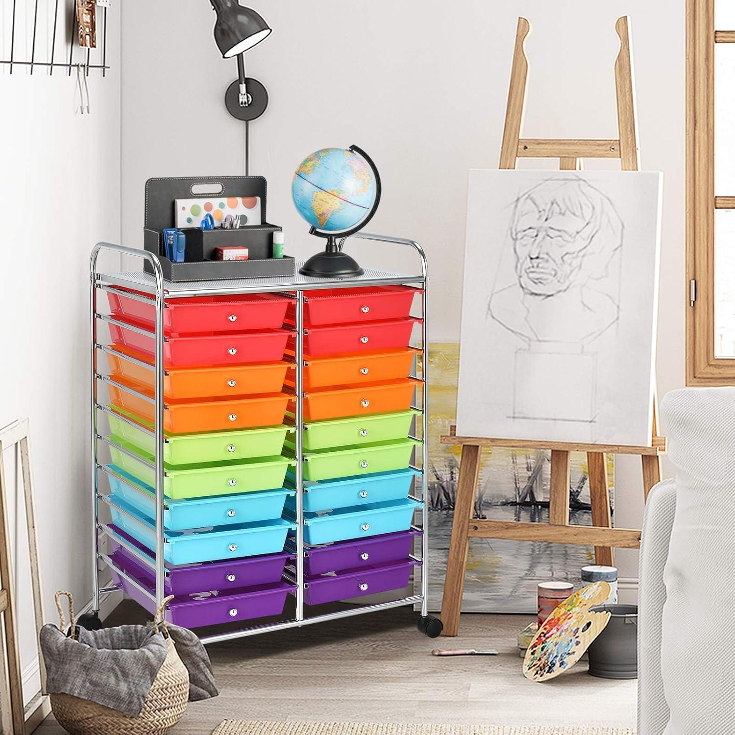 image:imageGiantex 20Drawer Storage Drawer Cart Rolling Organizer Cart for Office School Tools Scrapbook Paper Utility Rack on Wheels MulticolorMulticolor