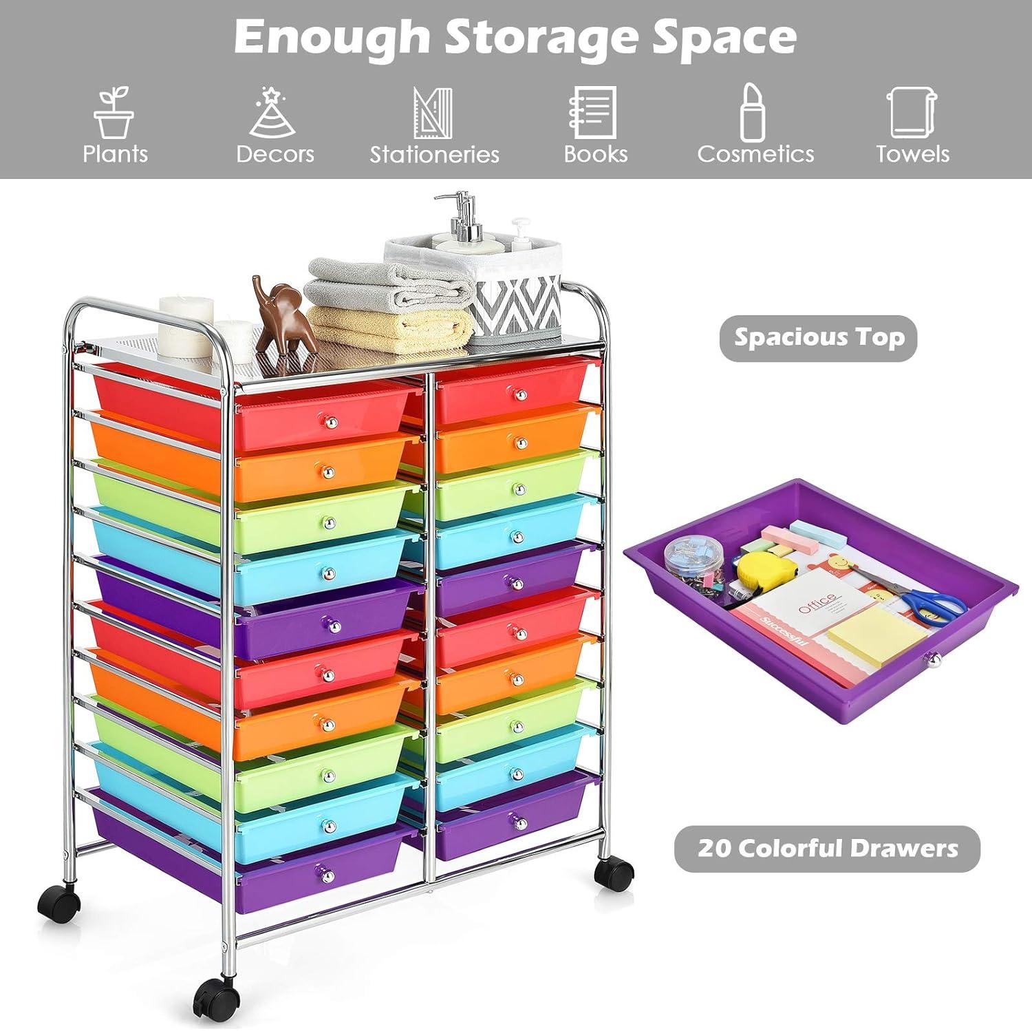 image:imageGiantex 20Drawer Storage Drawer Cart Rolling Organizer Cart for Office School Tools Scrapbook Paper Utility Rack on Wheels MulticolorMulticolor