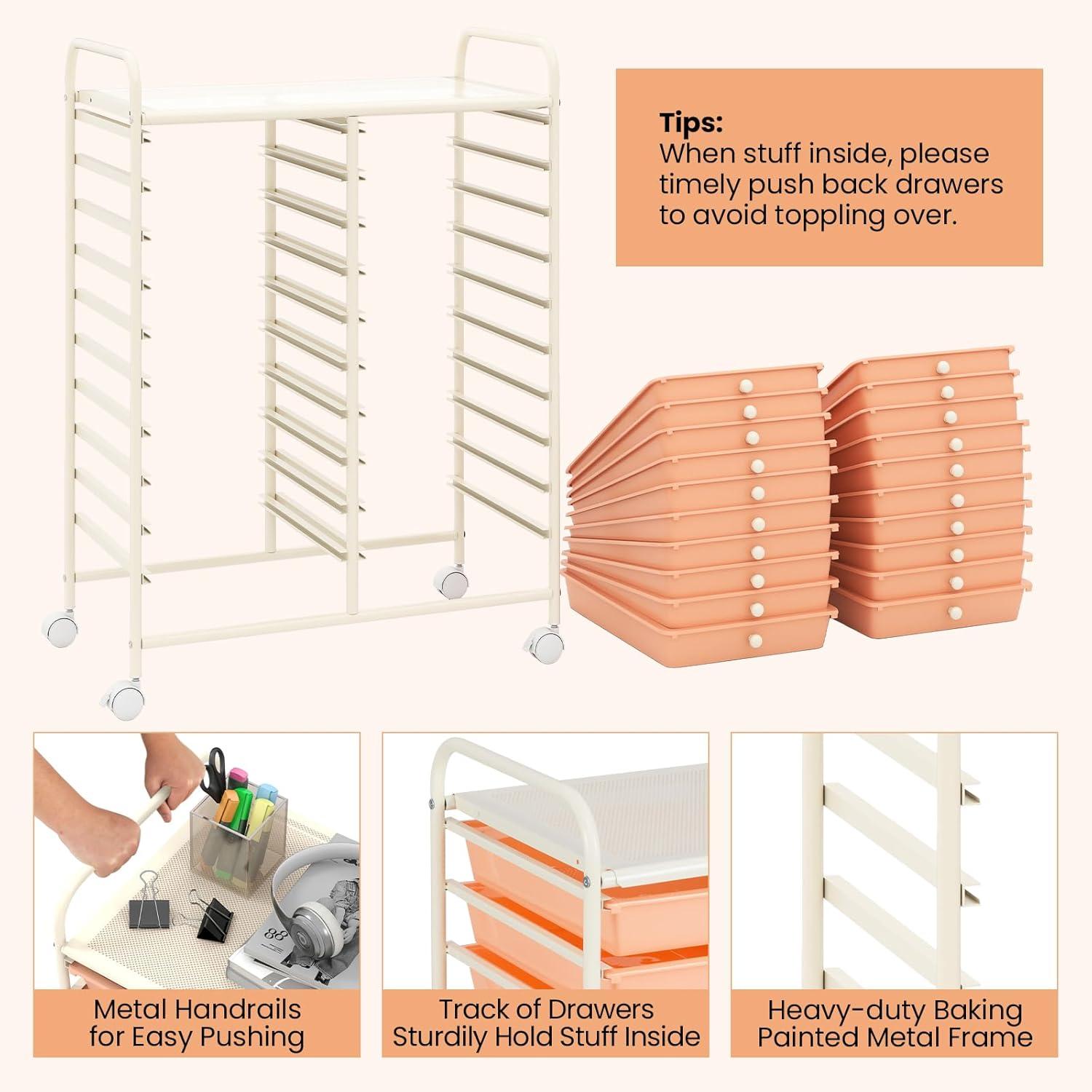 image:imageGiantex 20Drawer Storage Drawer Cart Rolling Organizer Cart for Office School Tools Scrapbook Paper Utility Rack on Wheels MulticolorPeach Fuzz