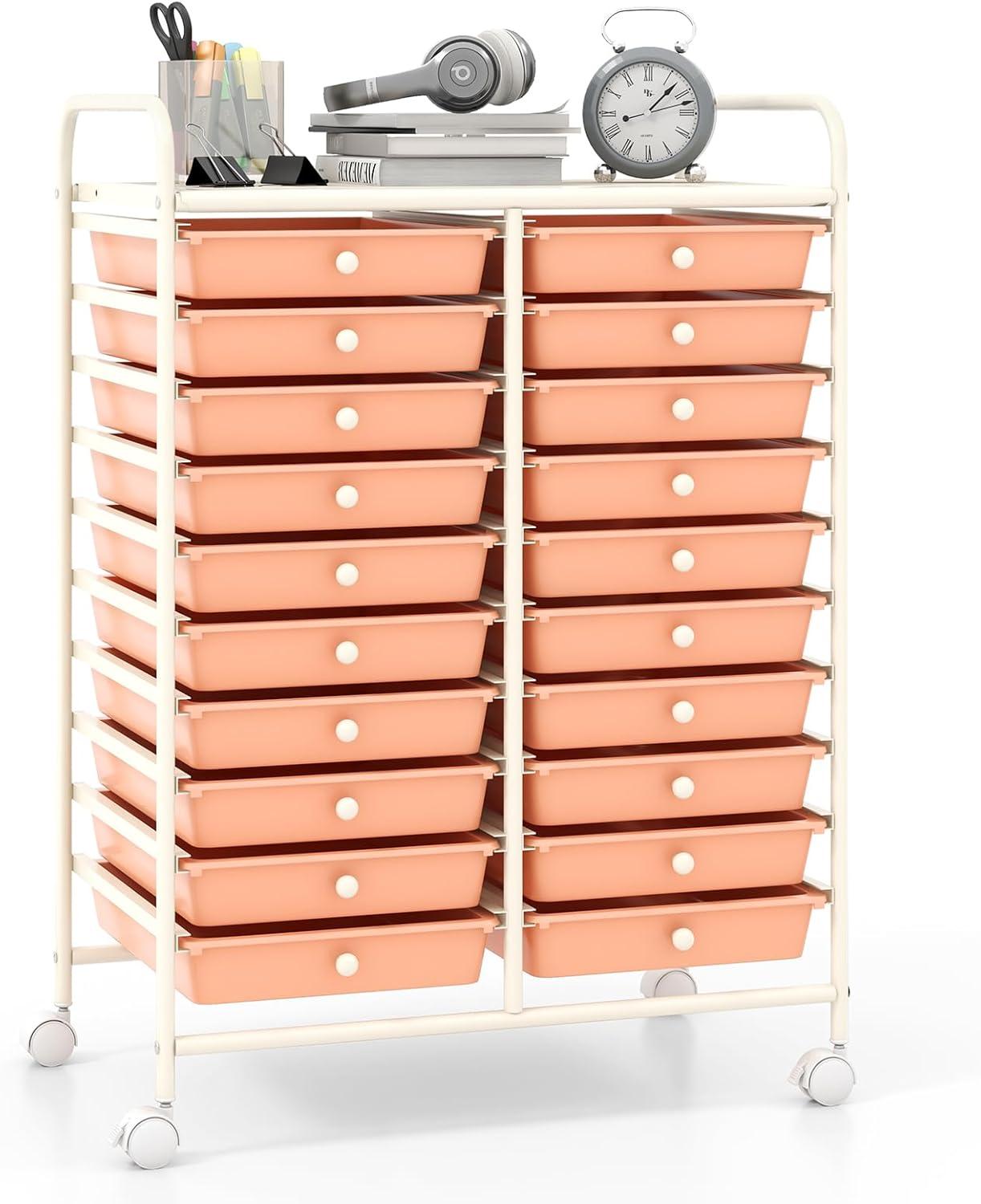 image:imageGiantex 20Drawer Storage Drawer Cart Rolling Organizer Cart for Office School Tools Scrapbook Paper Utility Rack on Wheels MulticolorPeach Fuzz