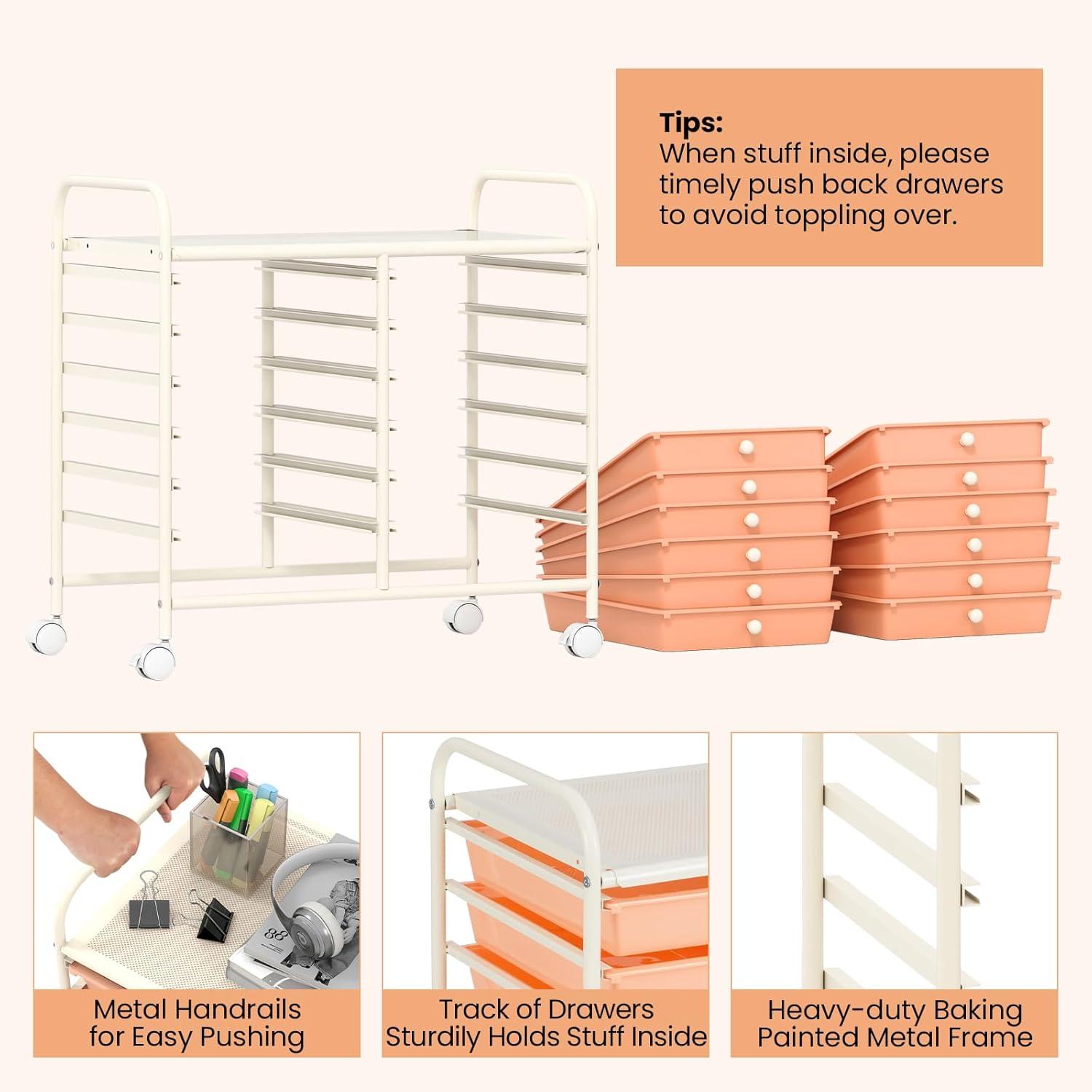 image:imageGiantex 20Drawer Storage Drawer Cart Rolling Organizer Cart for Office School Tools Scrapbook Paper Utility Rack on Wheels MulticolorPeach Fuzz