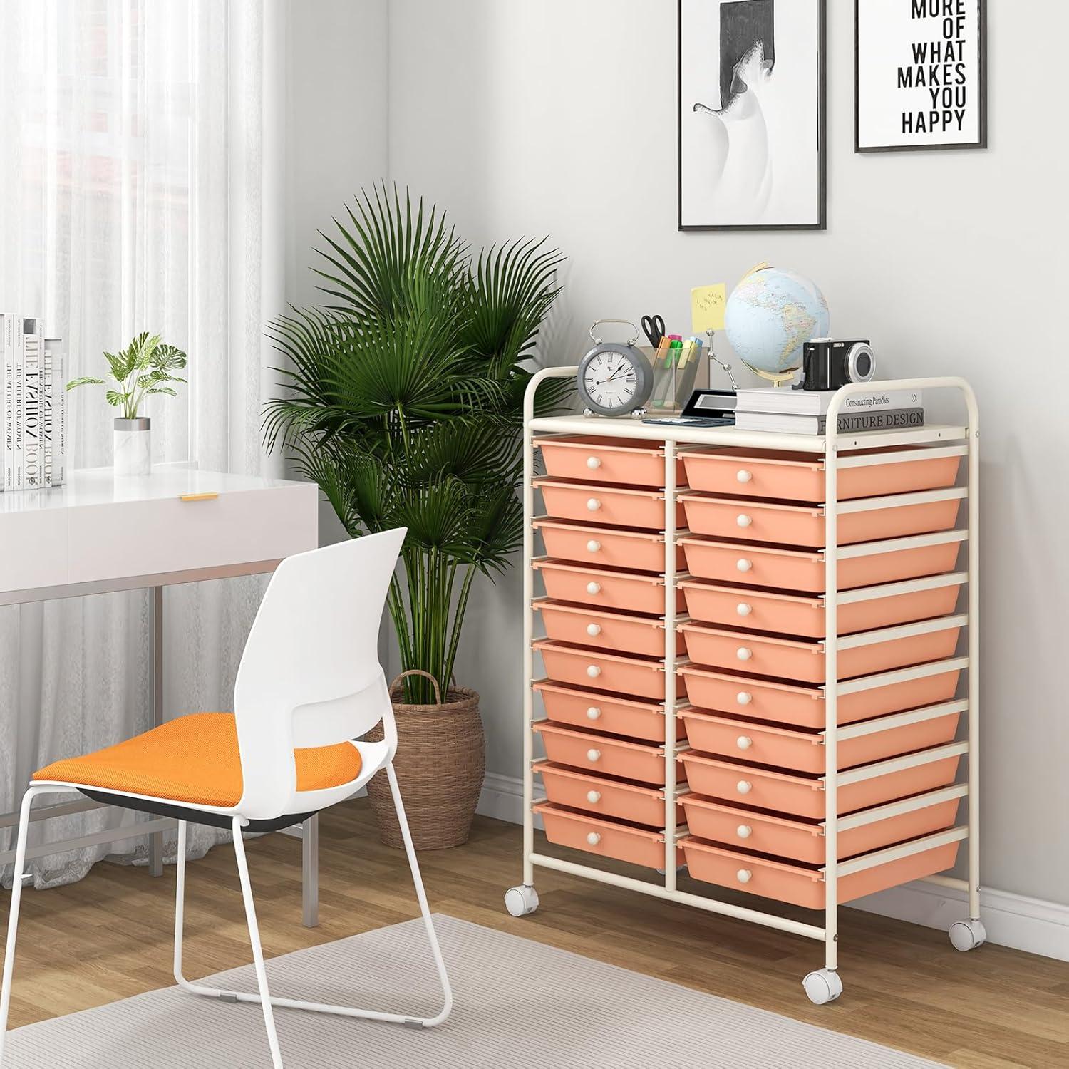 image:imageGiantex 20Drawer Storage Drawer Cart Rolling Organizer Cart for Office School Tools Scrapbook Paper Utility Rack on Wheels MulticolorPeach Fuzz