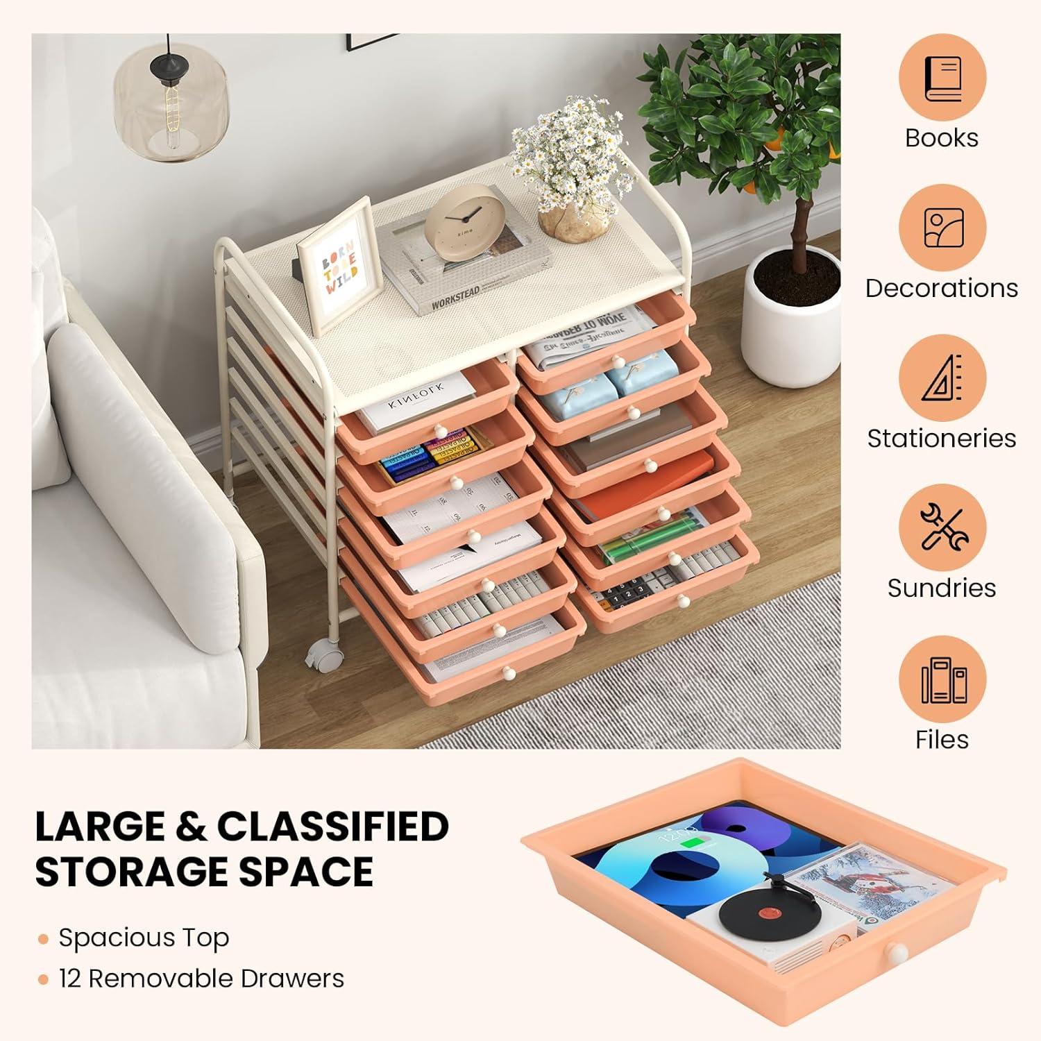 image:imageGiantex 20Drawer Storage Drawer Cart Rolling Organizer Cart for Office School Tools Scrapbook Paper Utility Rack on Wheels MulticolorPeach Fuzz