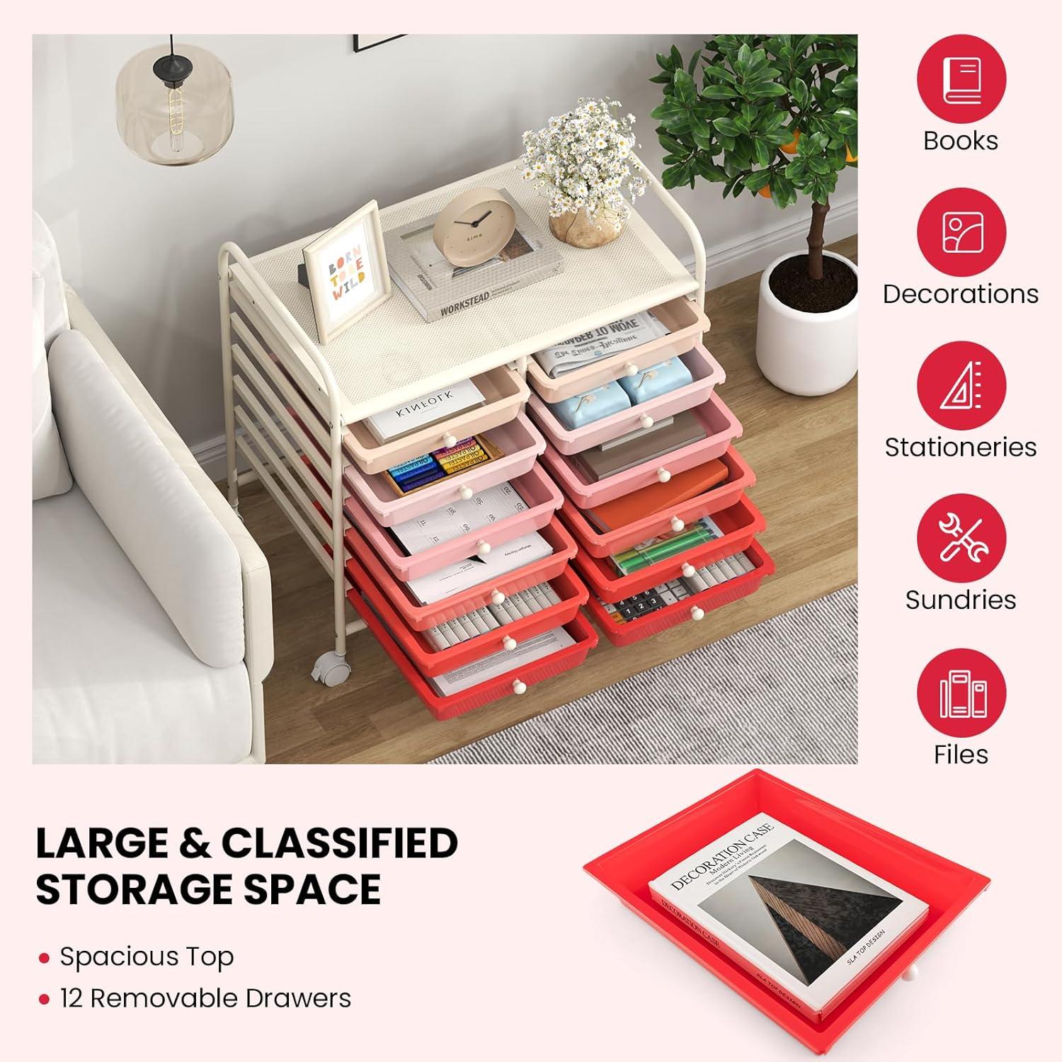 image:imageGiantex 20Drawer Storage Drawer Cart Rolling Organizer Cart for Office School Tools Scrapbook Paper Utility Rack on Wheels MulticolorPink Gradient