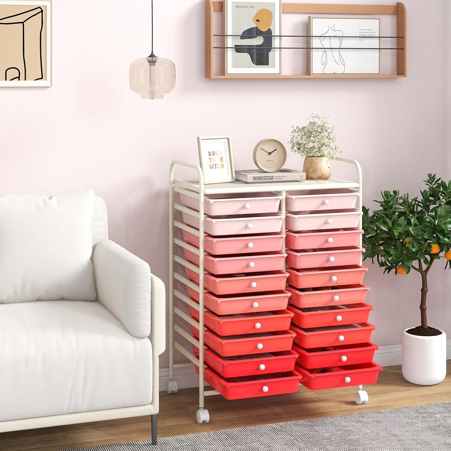 image:imageGiantex 20Drawer Storage Drawer Cart Rolling Organizer Cart for Office School Tools Scrapbook Paper Utility Rack on Wheels MulticolorPink Gradient