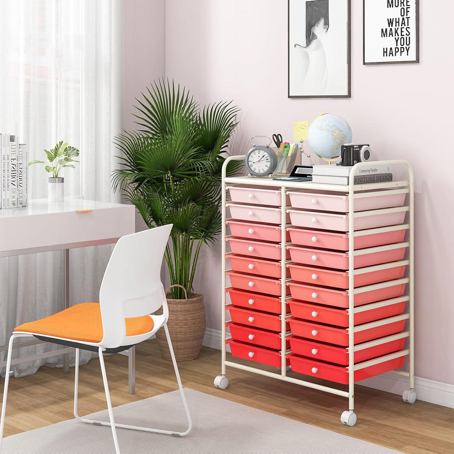 image:imageGiantex 20Drawer Storage Drawer Cart Rolling Organizer Cart for Office School Tools Scrapbook Paper Utility Rack on Wheels MulticolorPink Gradient