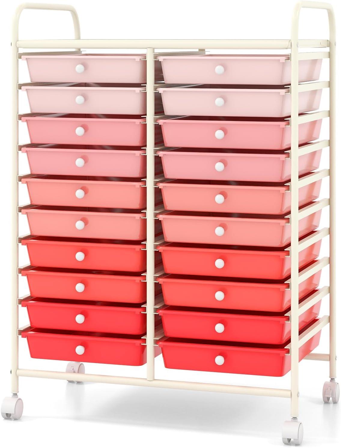 image:imageGiantex 20Drawer Storage Drawer Cart Rolling Organizer Cart for Office School Tools Scrapbook Paper Utility Rack on Wheels MulticolorPink Gradient