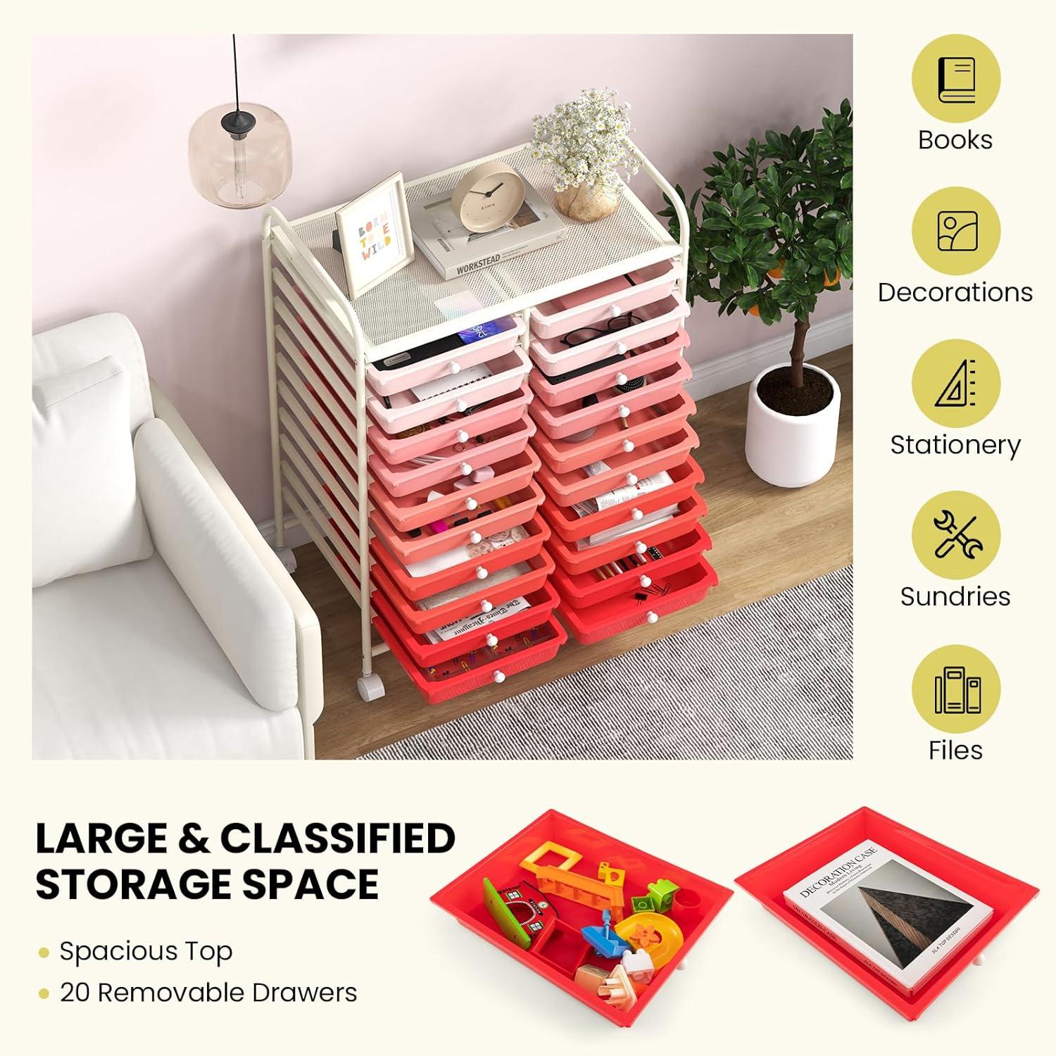 image:imageGiantex 20Drawer Storage Drawer Cart Rolling Organizer Cart for Office School Tools Scrapbook Paper Utility Rack on Wheels MulticolorPink Gradient