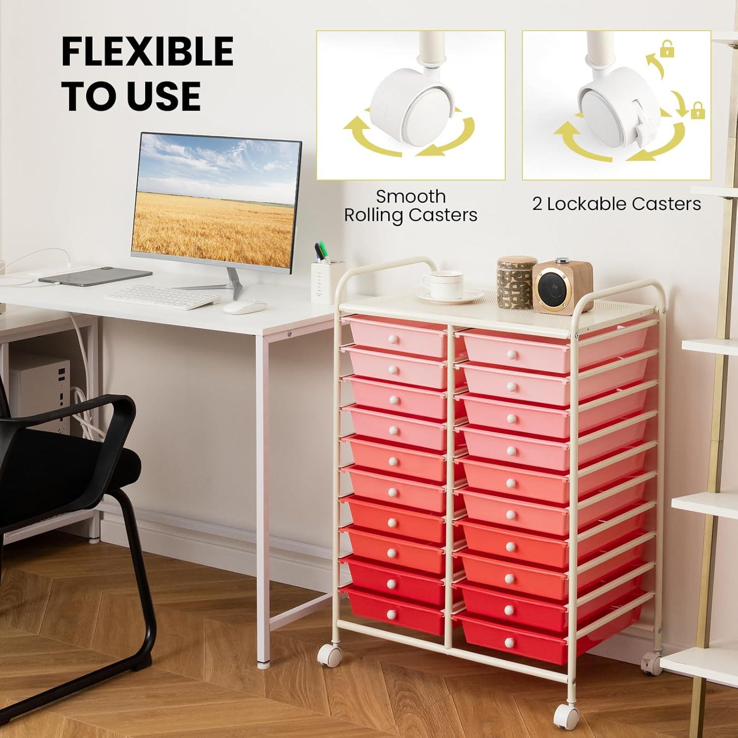 image:imageGiantex 20Drawer Storage Drawer Cart Rolling Organizer Cart for Office School Tools Scrapbook Paper Utility Rack on Wheels MulticolorPink Gradient