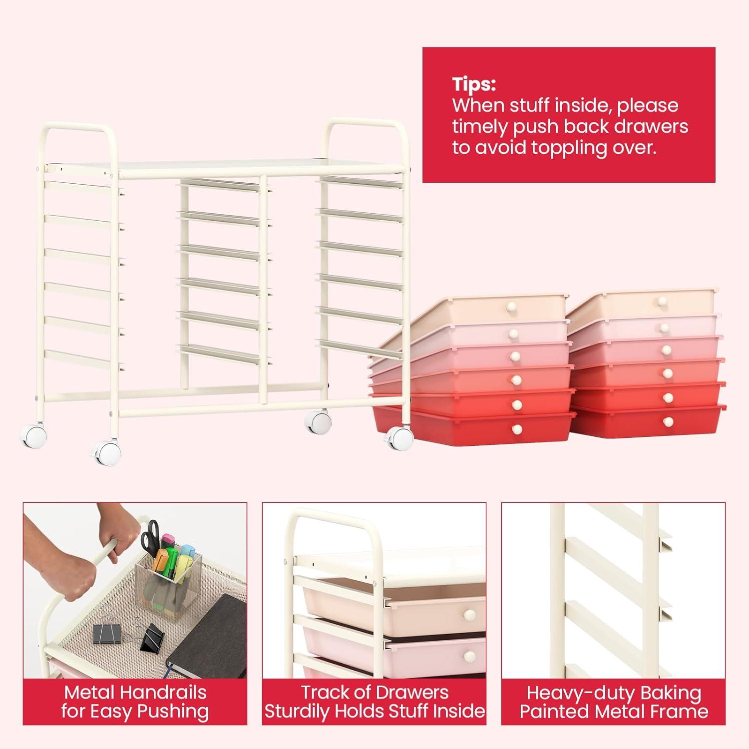 image:imageGiantex 20Drawer Storage Drawer Cart Rolling Organizer Cart for Office School Tools Scrapbook Paper Utility Rack on Wheels MulticolorPink Gradient